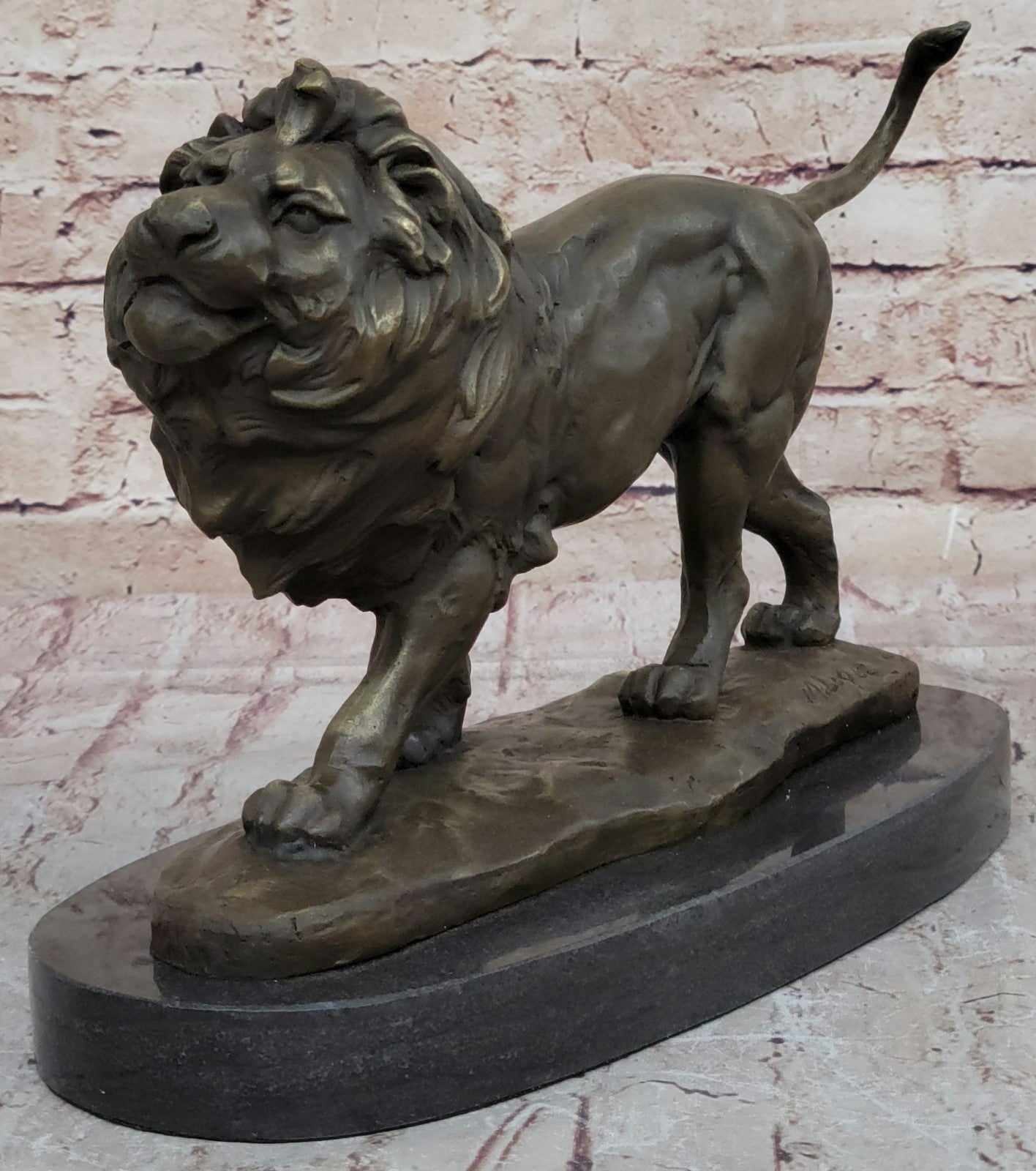 African Lion King on Prowl: Bronze Sculpture Signed M. Lopez Art Deco Wildlife Collectible