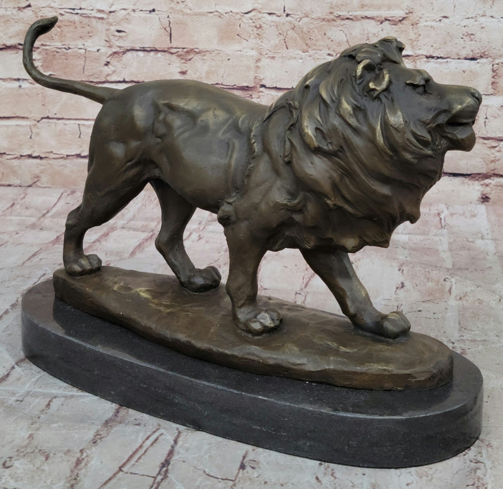 African Lion King on Prowl: Bronze Sculpture Signed M. Lopez Art Deco Wildlife Collectible