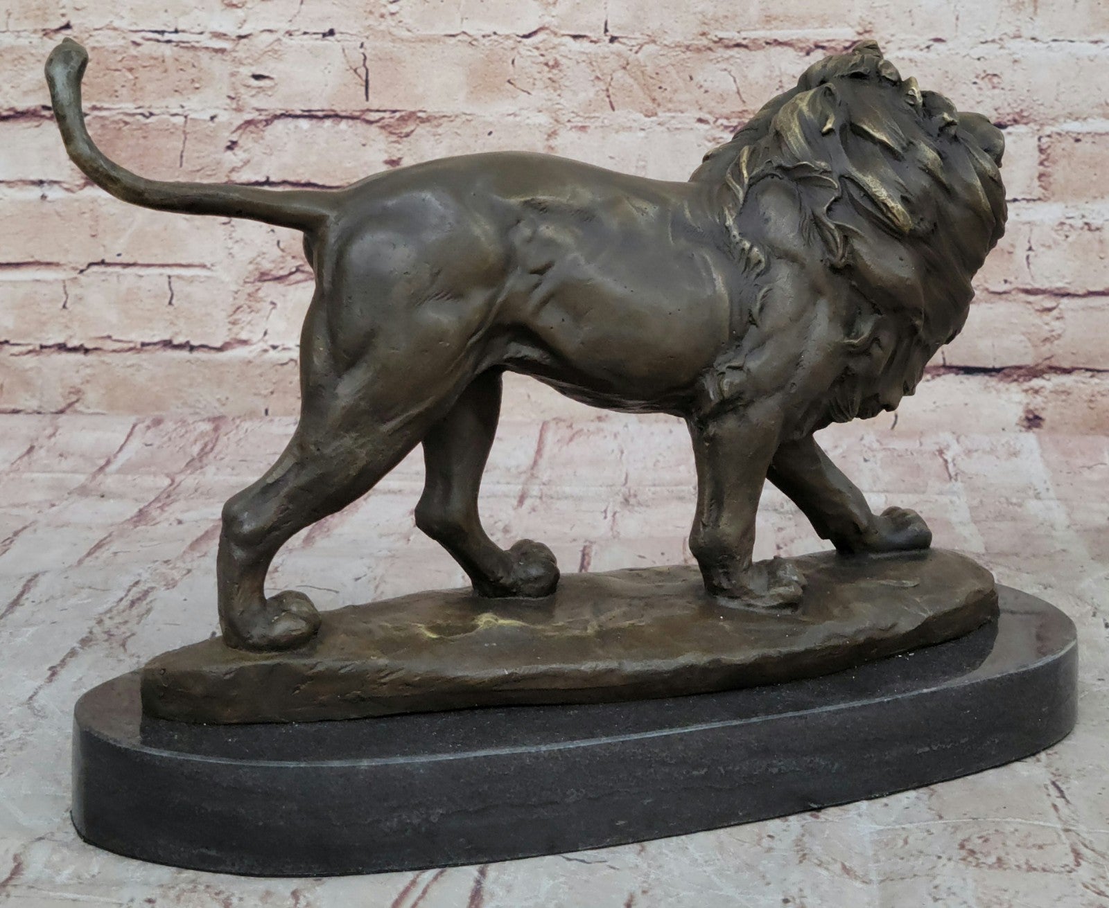 African Lion King on Prowl: Bronze Sculpture Signed M. Lopez Art Deco Wildlife Collectible