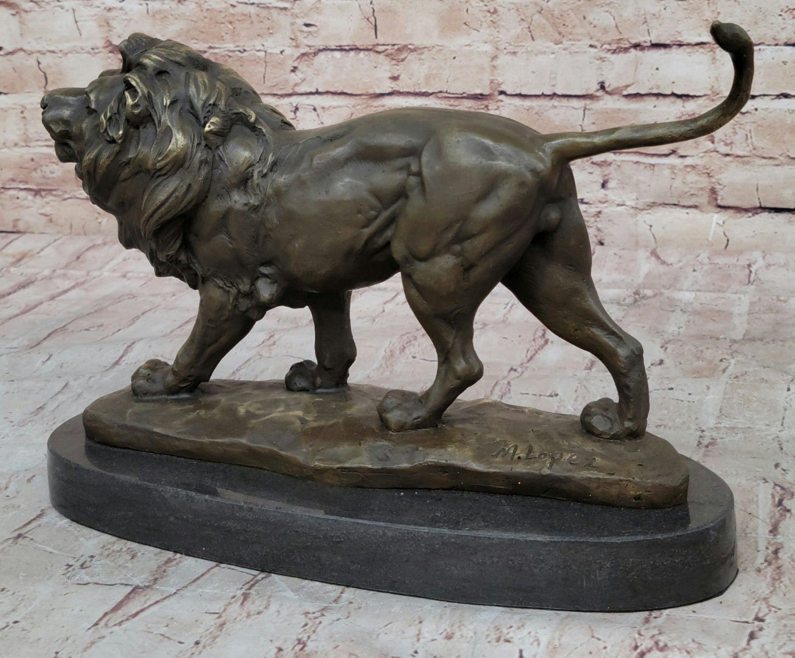 African Lion King on Prowl: Bronze Sculpture Signed M. Lopez Art Deco Wildlife Collectible