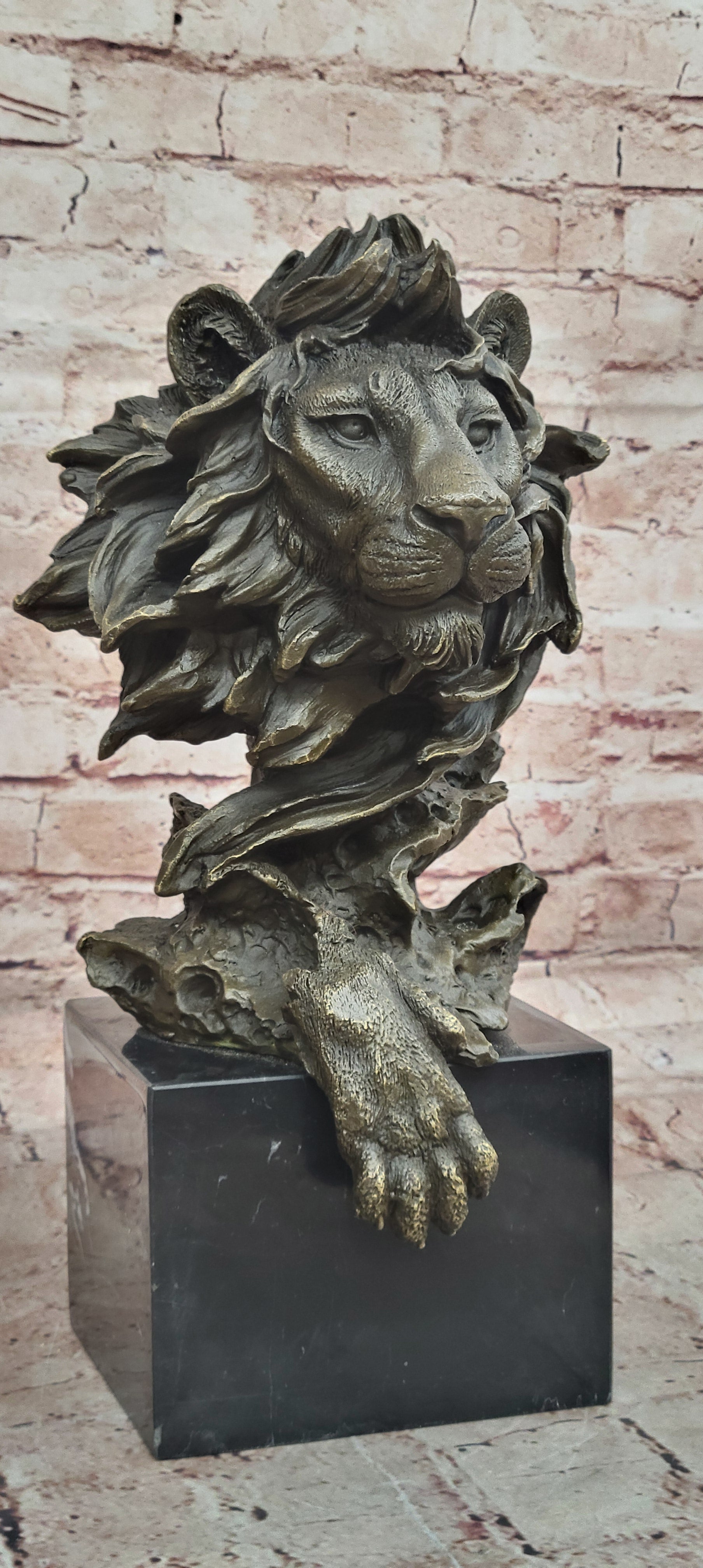 Hot Cast Barye Signed Bronze Royal Lion Head Statue Sculpture Bust Marble Base