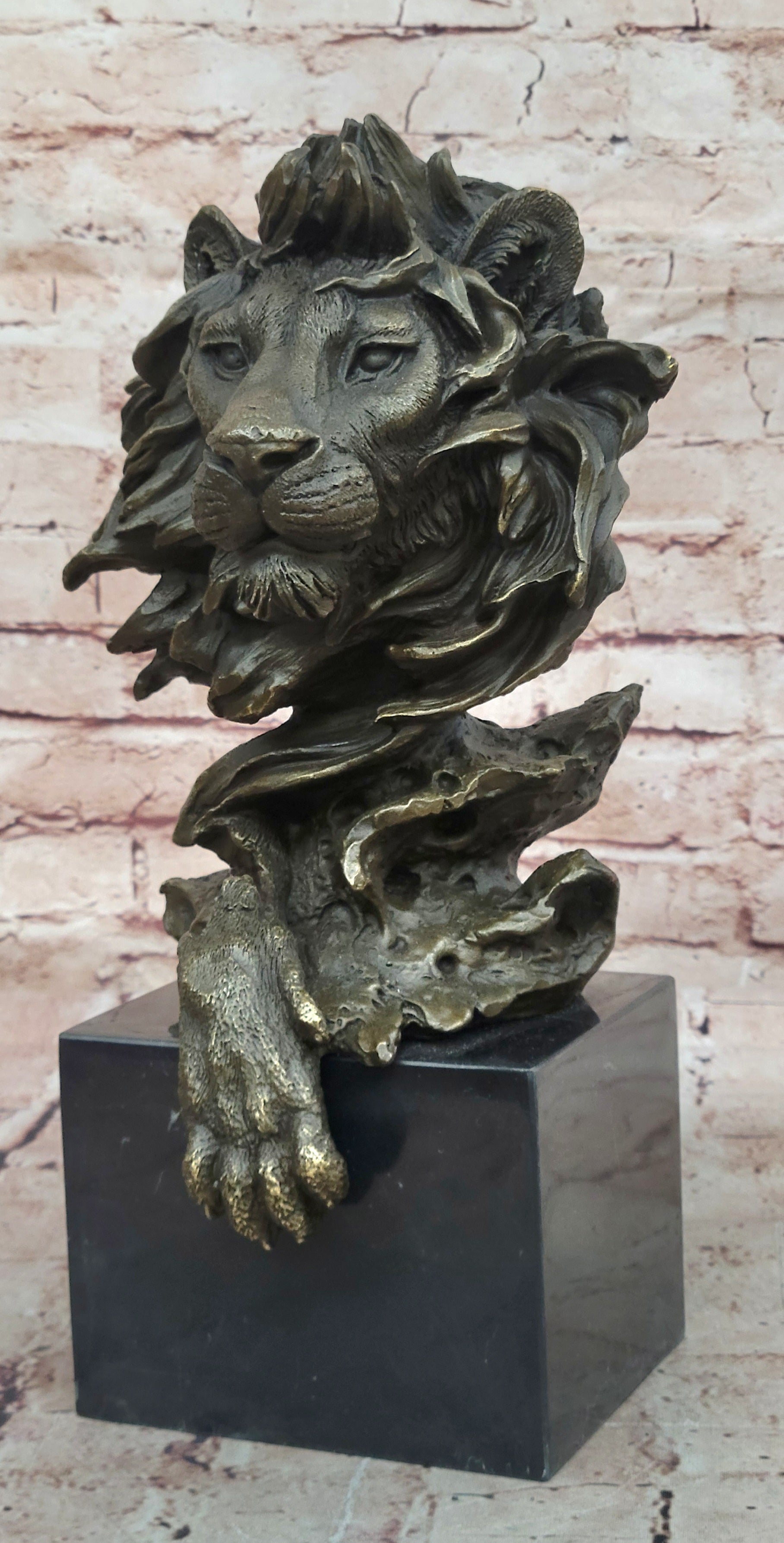 Hot Cast Barye Signed Bronze Royal Lion Head Statue Sculpture Bust Marble Base