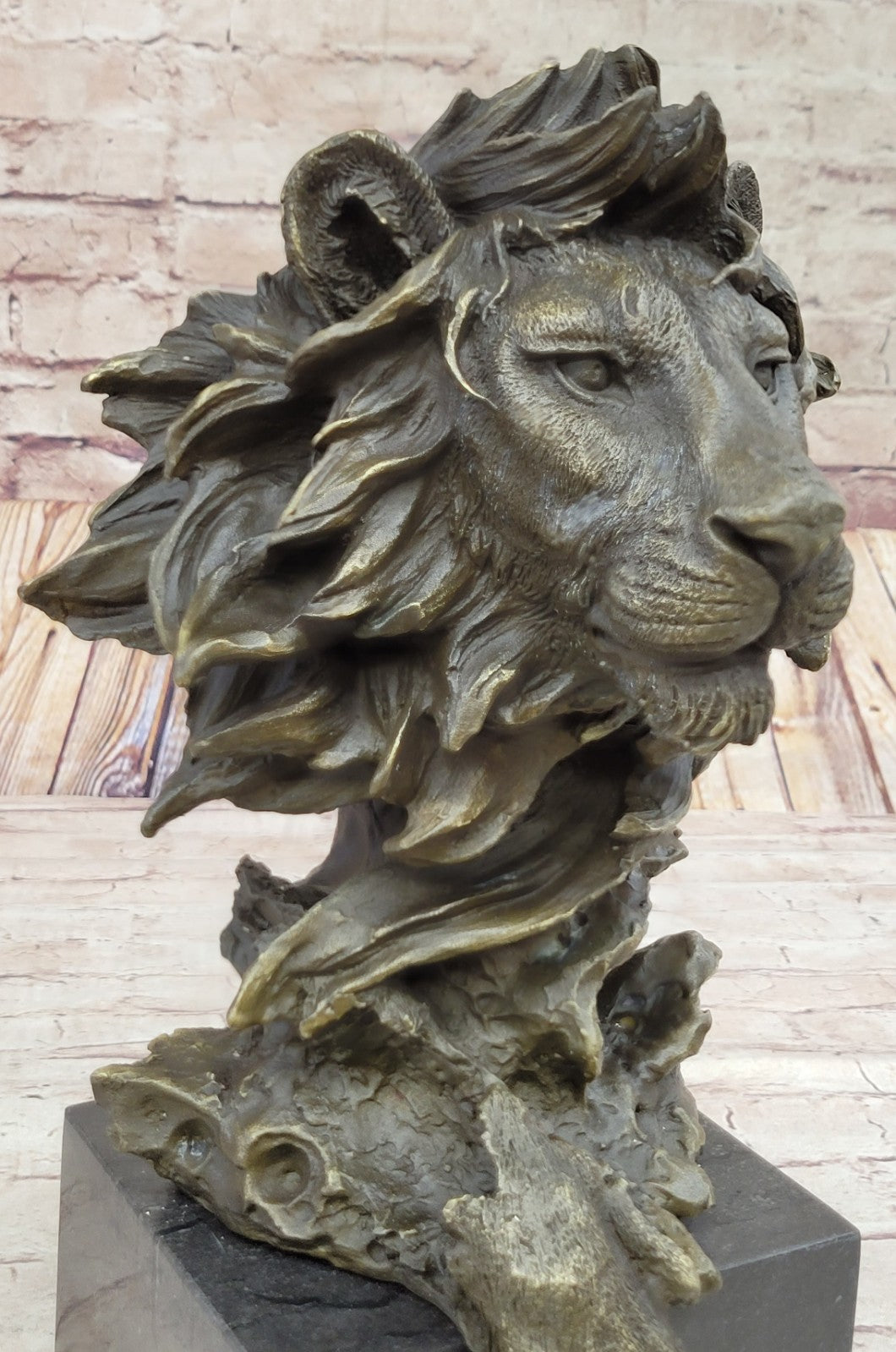 Hot Cast Barye Signed Bronze Royal Lion Head Statue Sculpture Bust Marble Base