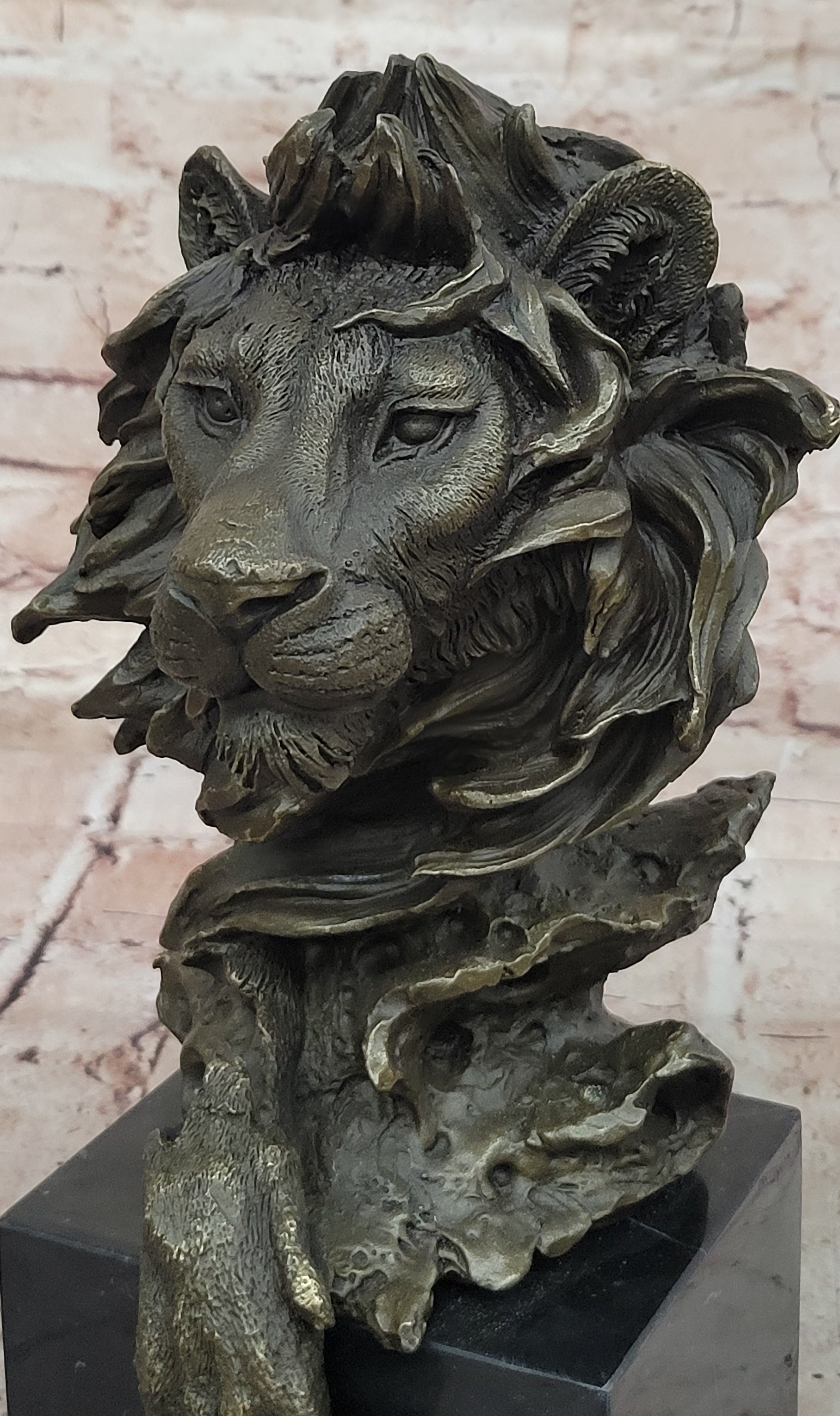 Hot Cast Barye Signed Bronze Royal Lion Head Statue Sculpture Bust Marble Base