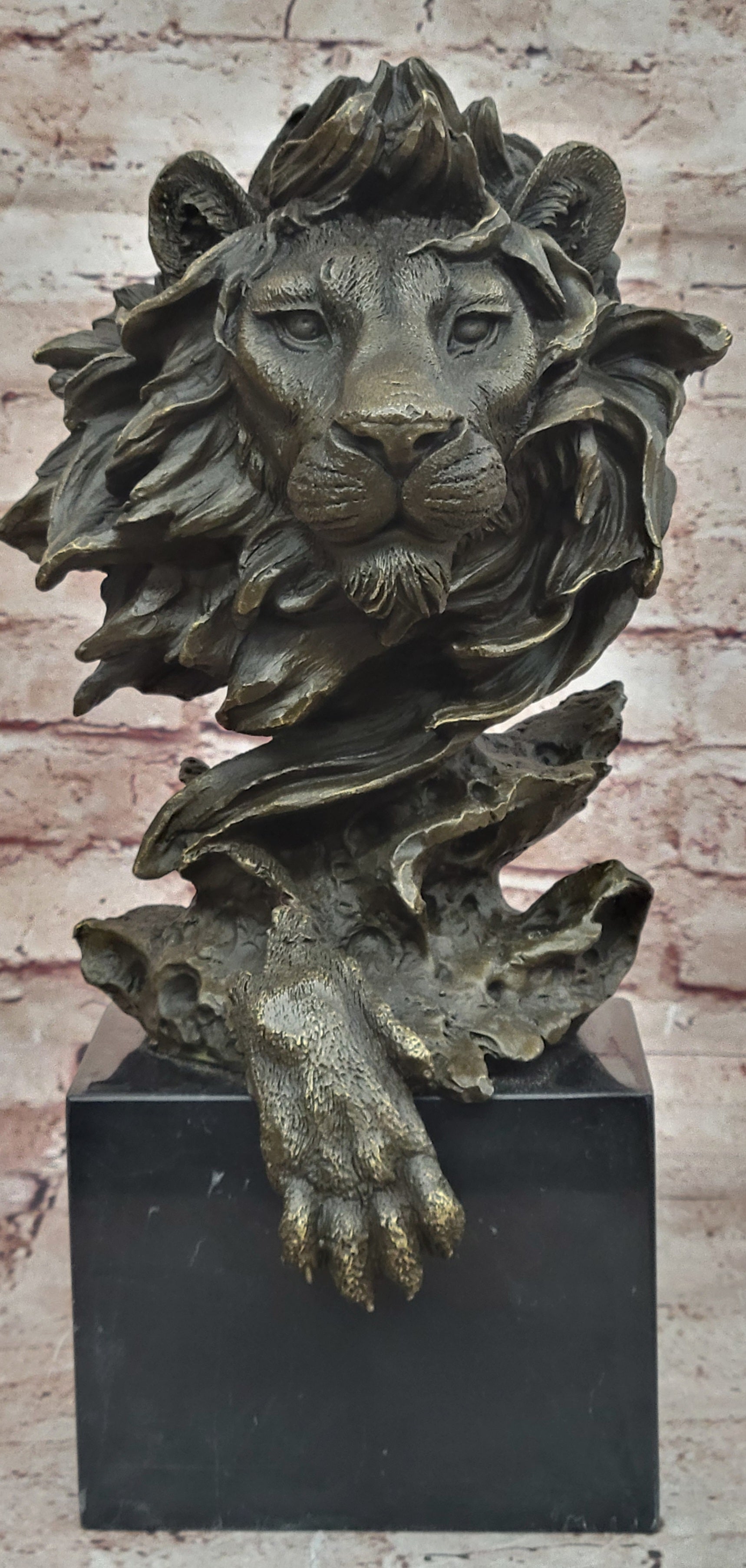 Hot Cast Barye Signed Bronze Royal Lion Head Statue Sculpture Bust Marble Base