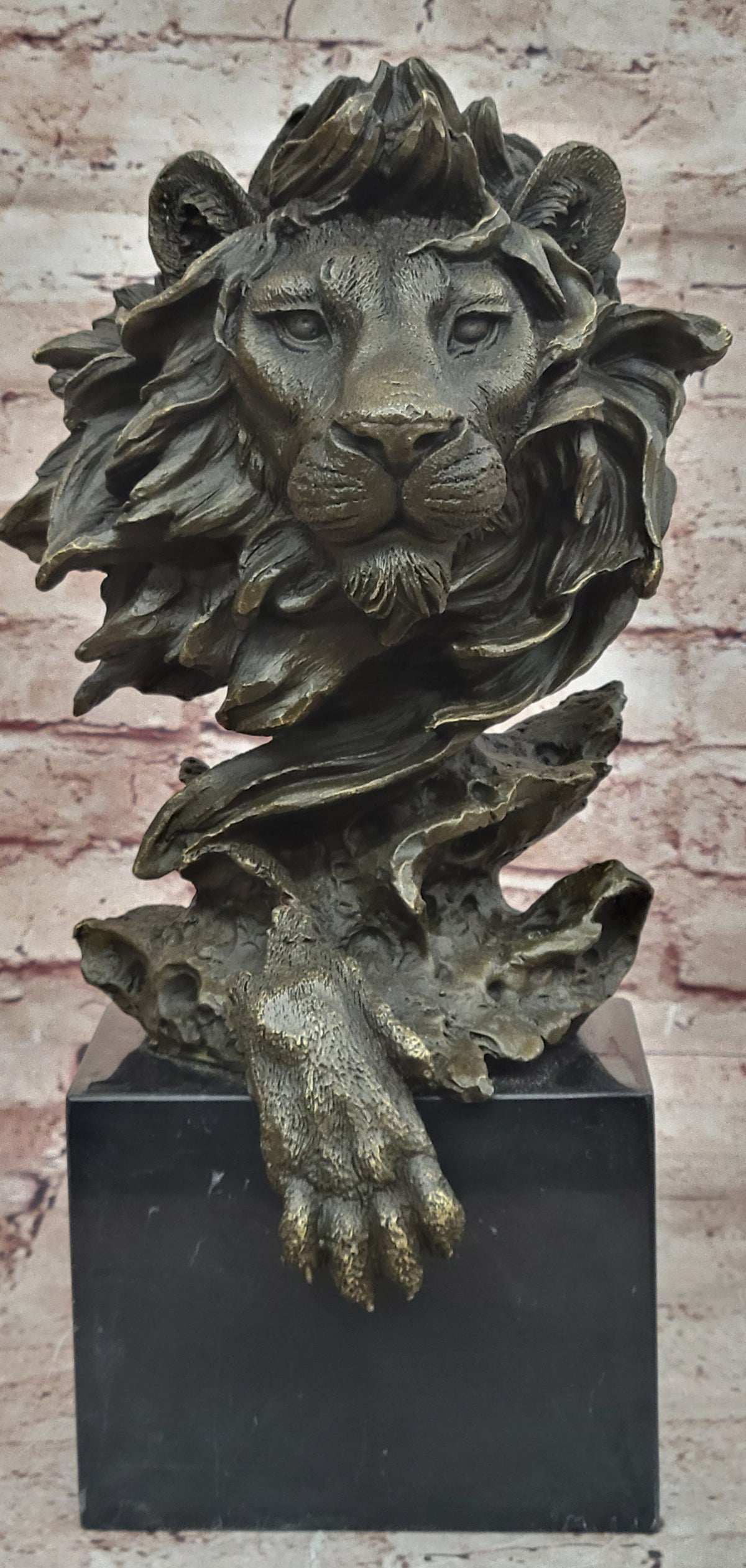 Hot Cast Barye Signed Bronze Royal Lion Head Statue Sculpture Bust Marble Base