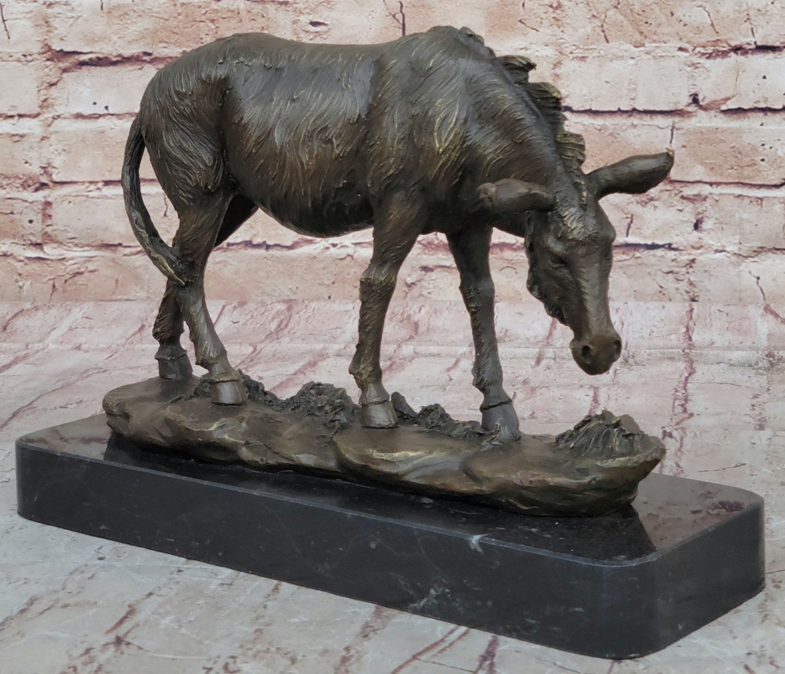Fine Crafted Donkey Mule Bronze Sculpture Hot Cast Statue Detailed Marble Base Figurine