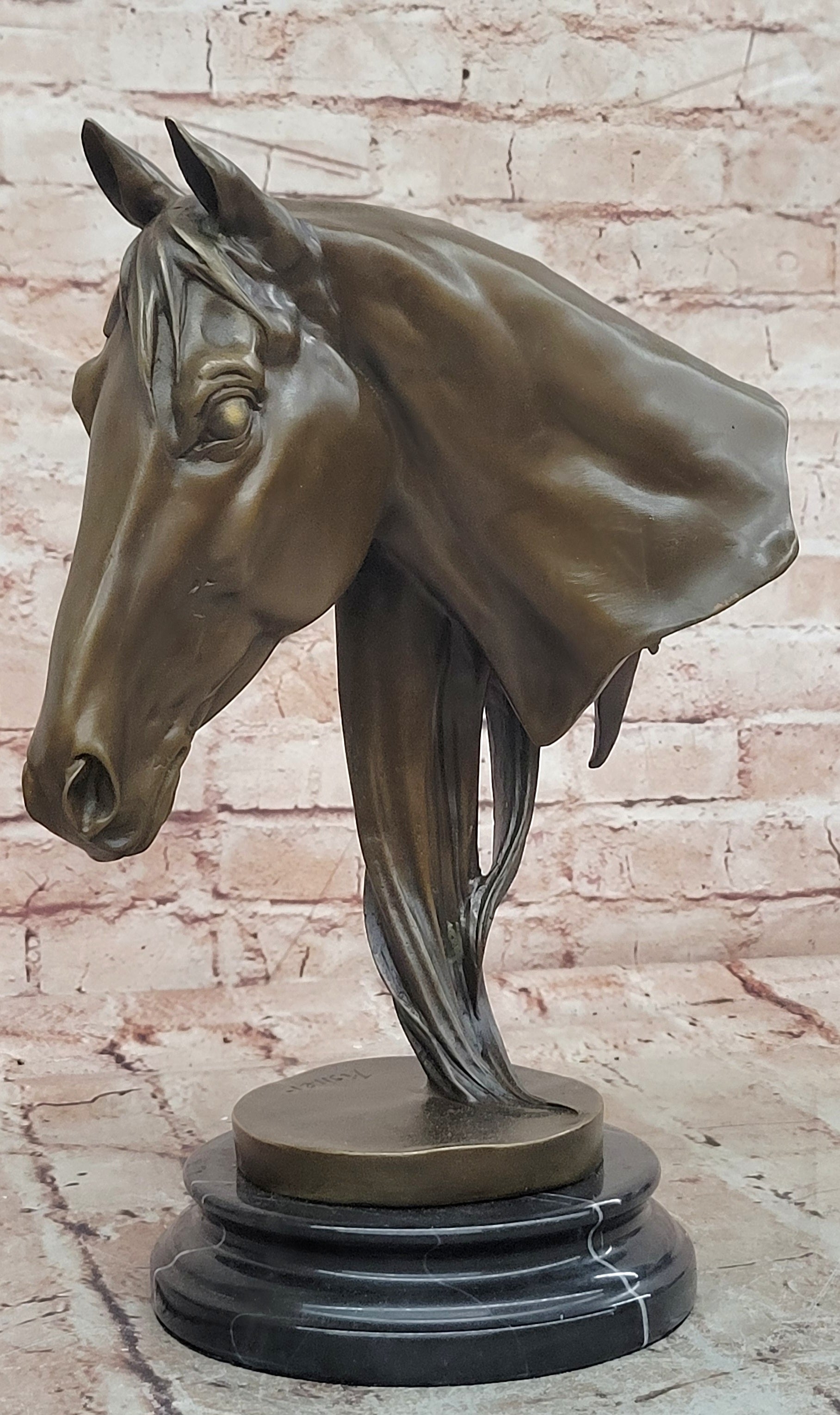 BEAUTIFUL PURE BRONZE MOUNTED HORSE STATUE BUST ART DECO MARBLE BASE SCULPTURE