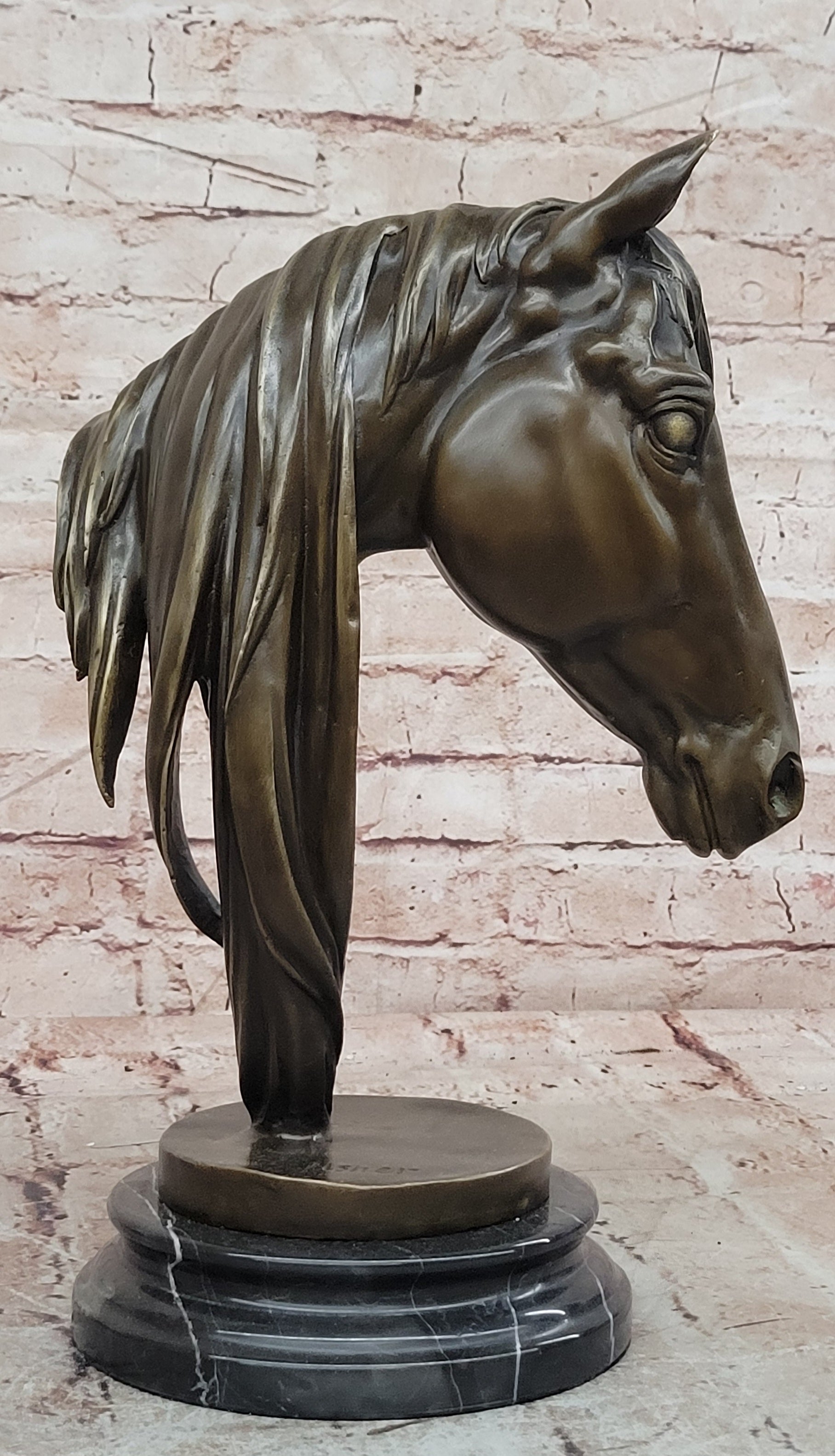BEAUTIFUL PURE BRONZE MOUNTED HORSE STATUE BUST ART DECO MARBLE BASE SCULPTURE