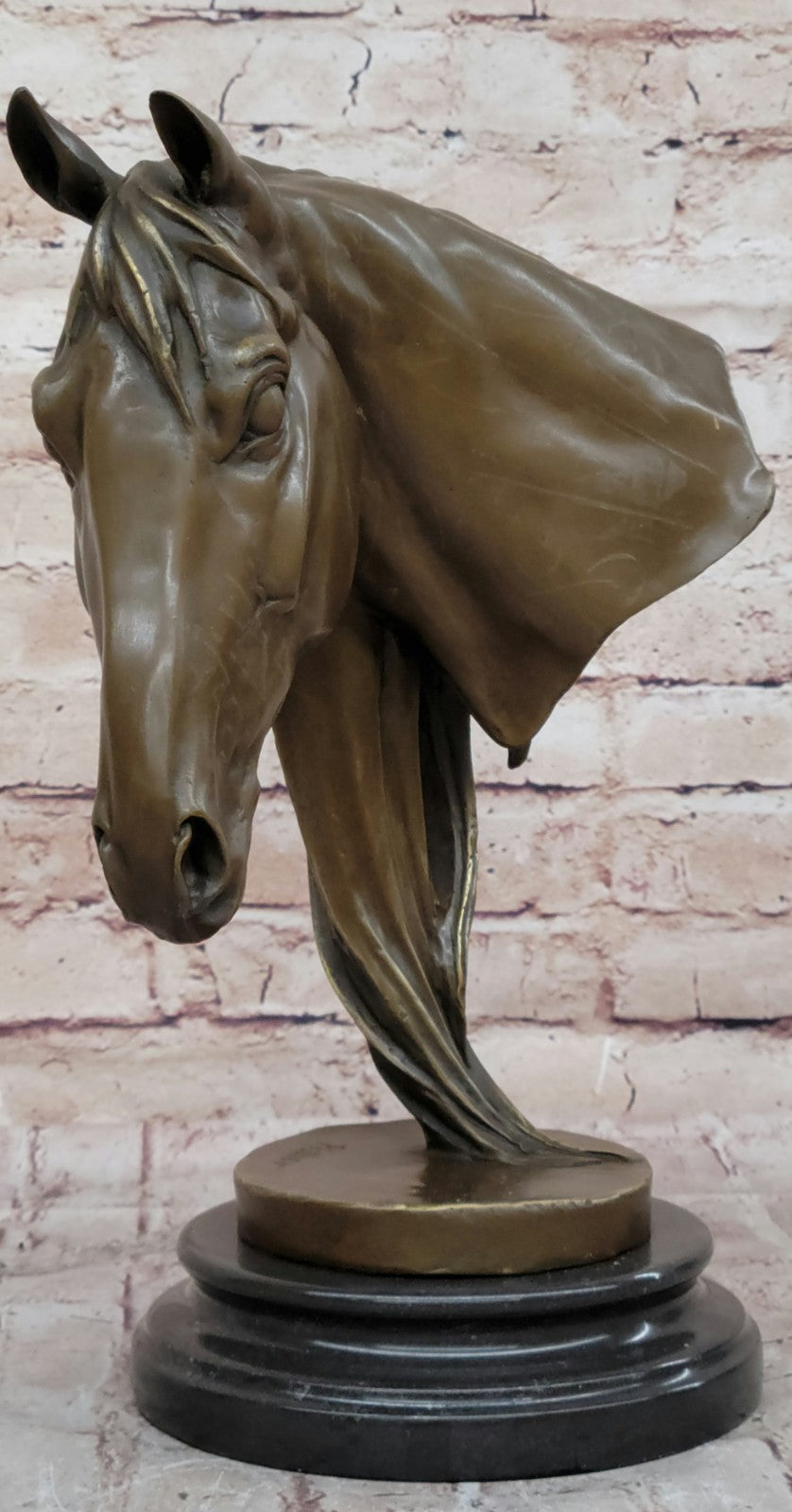 BEAUTIFUL PURE BRONZE MOUNTED HORSE STATUE BUST ART DECO MARBLE BASE SCULPTURE