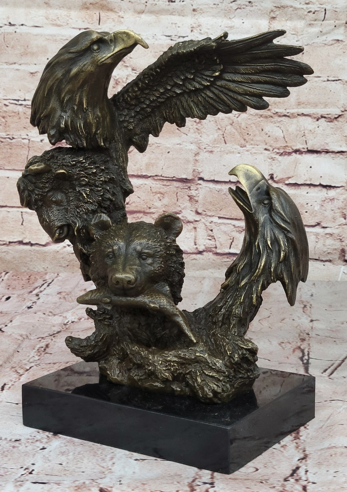 Nature`s Symphony: Bear, Eagle, and Buffalo Bronze Sculpture by Artist Milo