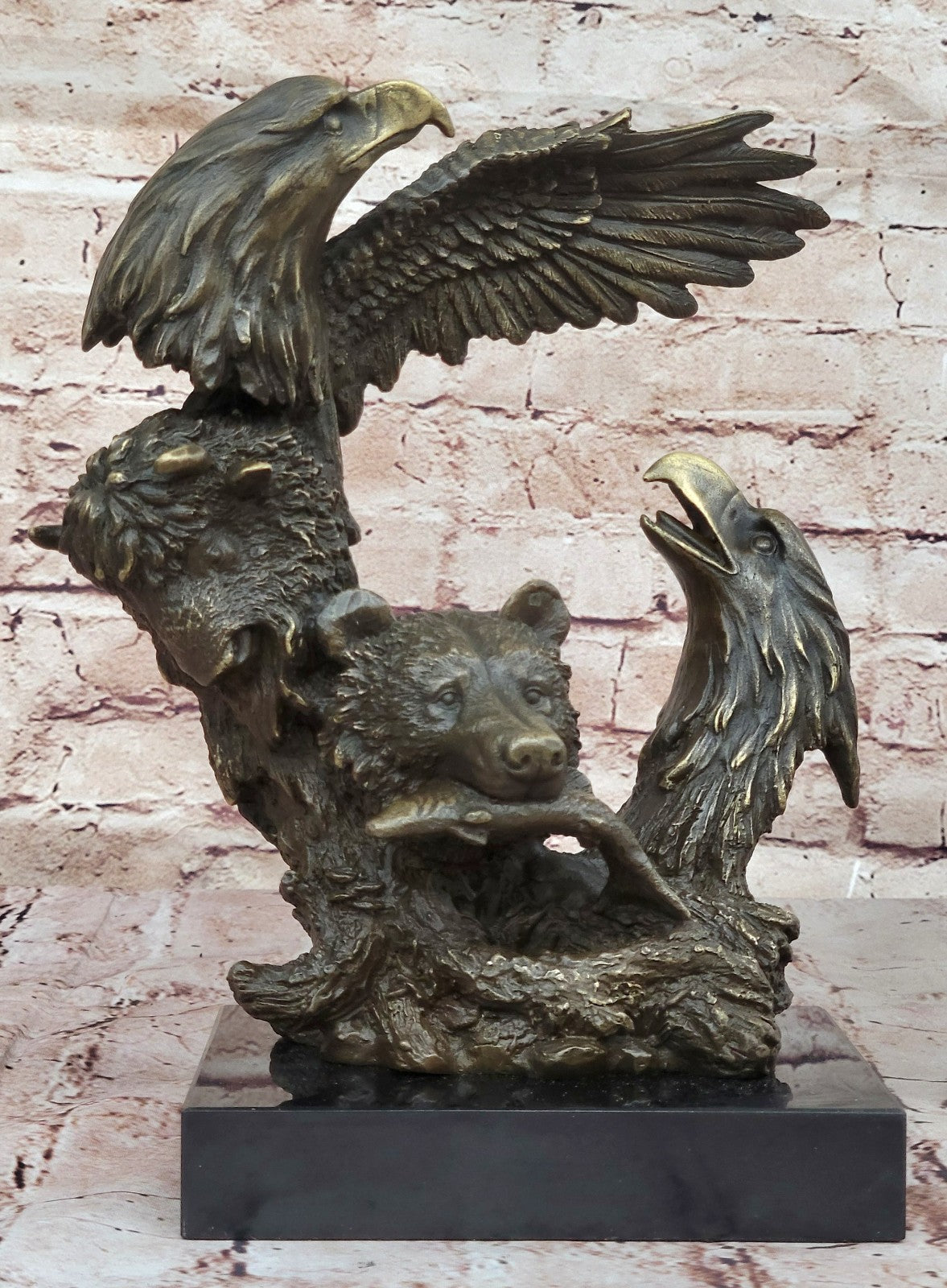 Nature`s Symphony: Bear, Eagle, and Buffalo Bronze Sculpture by Artist Milo