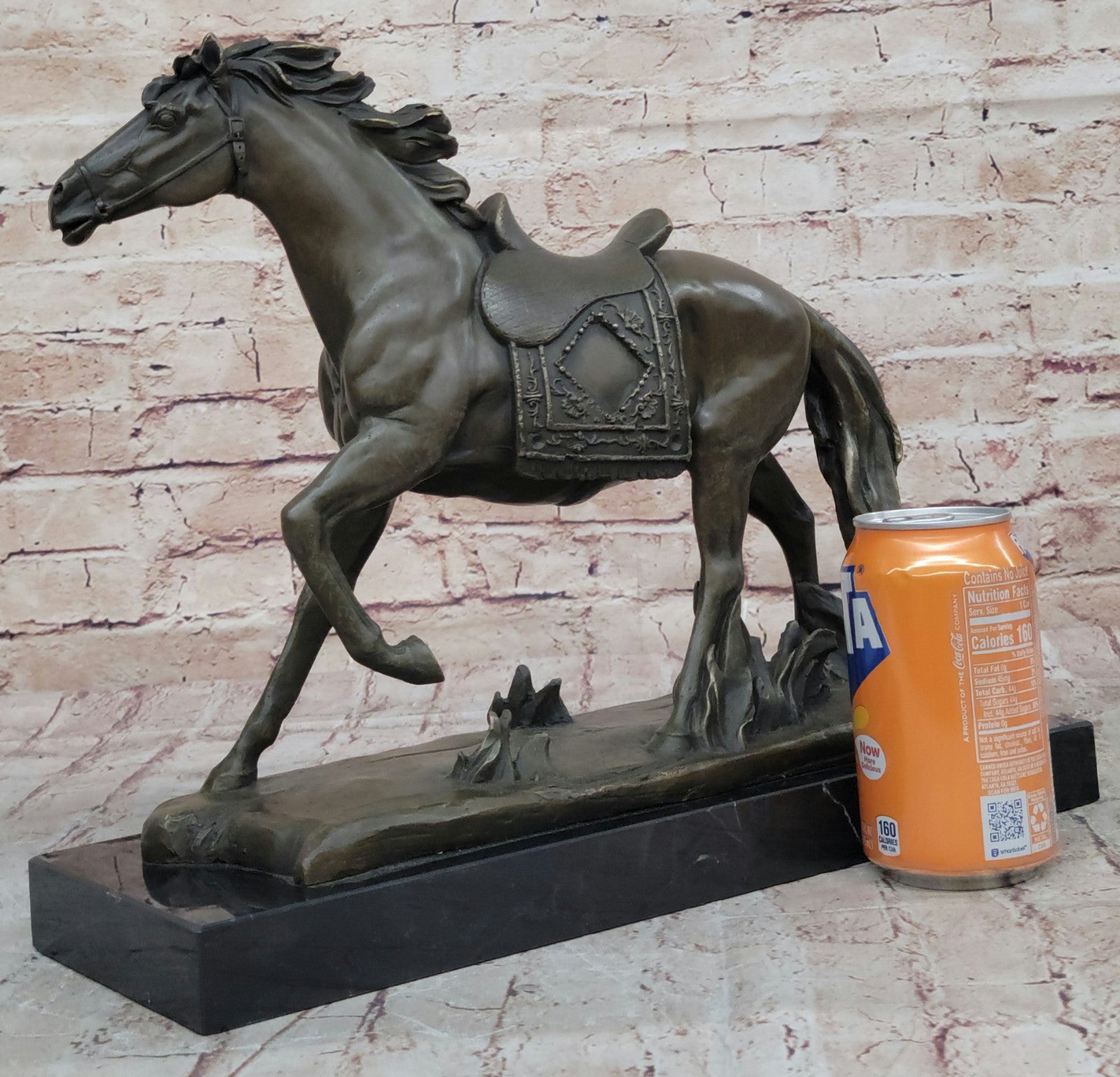 Large Galloping Stallion Bronze Sculpture on Marble Base Western Horse Art