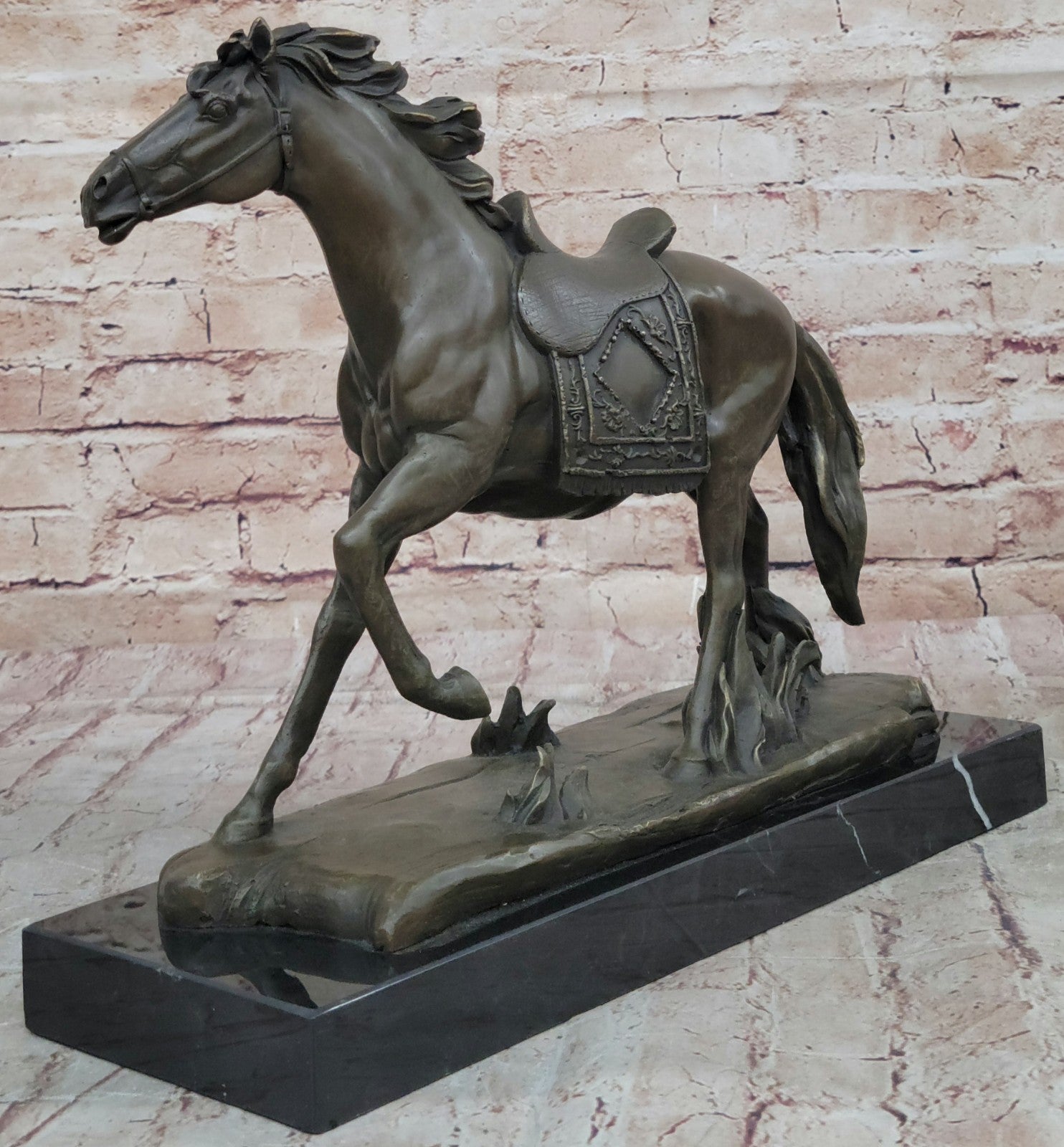 Large Galloping Stallion Bronze Sculpture on Marble Base Western Horse Art