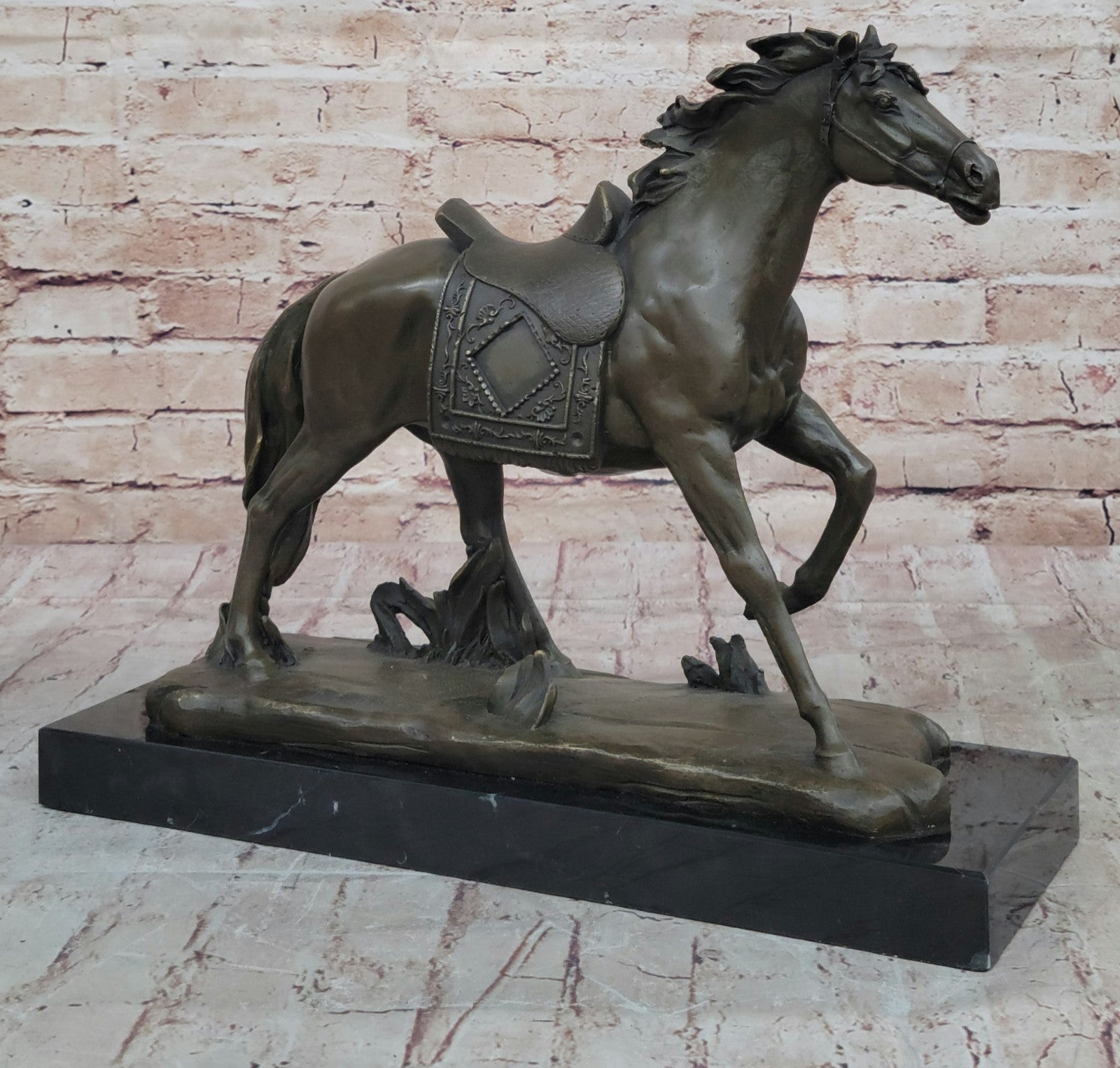 Large Galloping Stallion Bronze Sculpture on Marble Base Western Horse Art