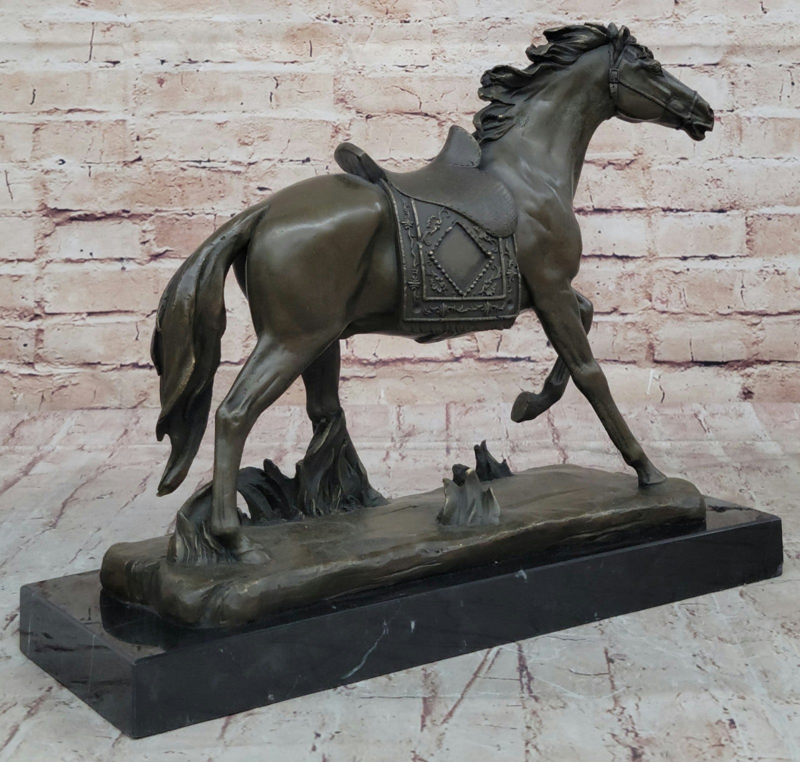 Large Galloping Stallion Bronze Sculpture on Marble Base Western Horse Art