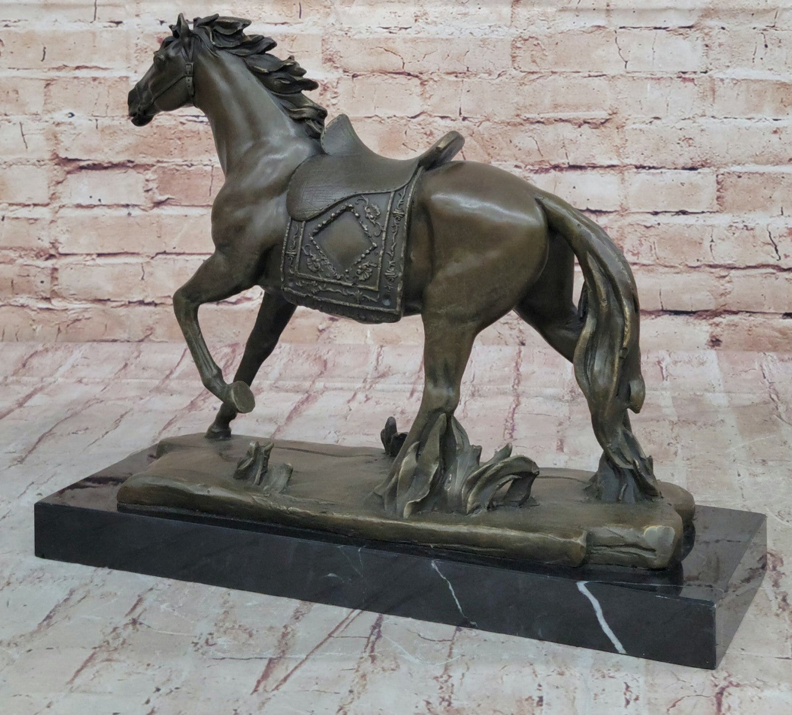 Large Galloping Stallion Bronze Sculpture on Marble Base Western Horse Art