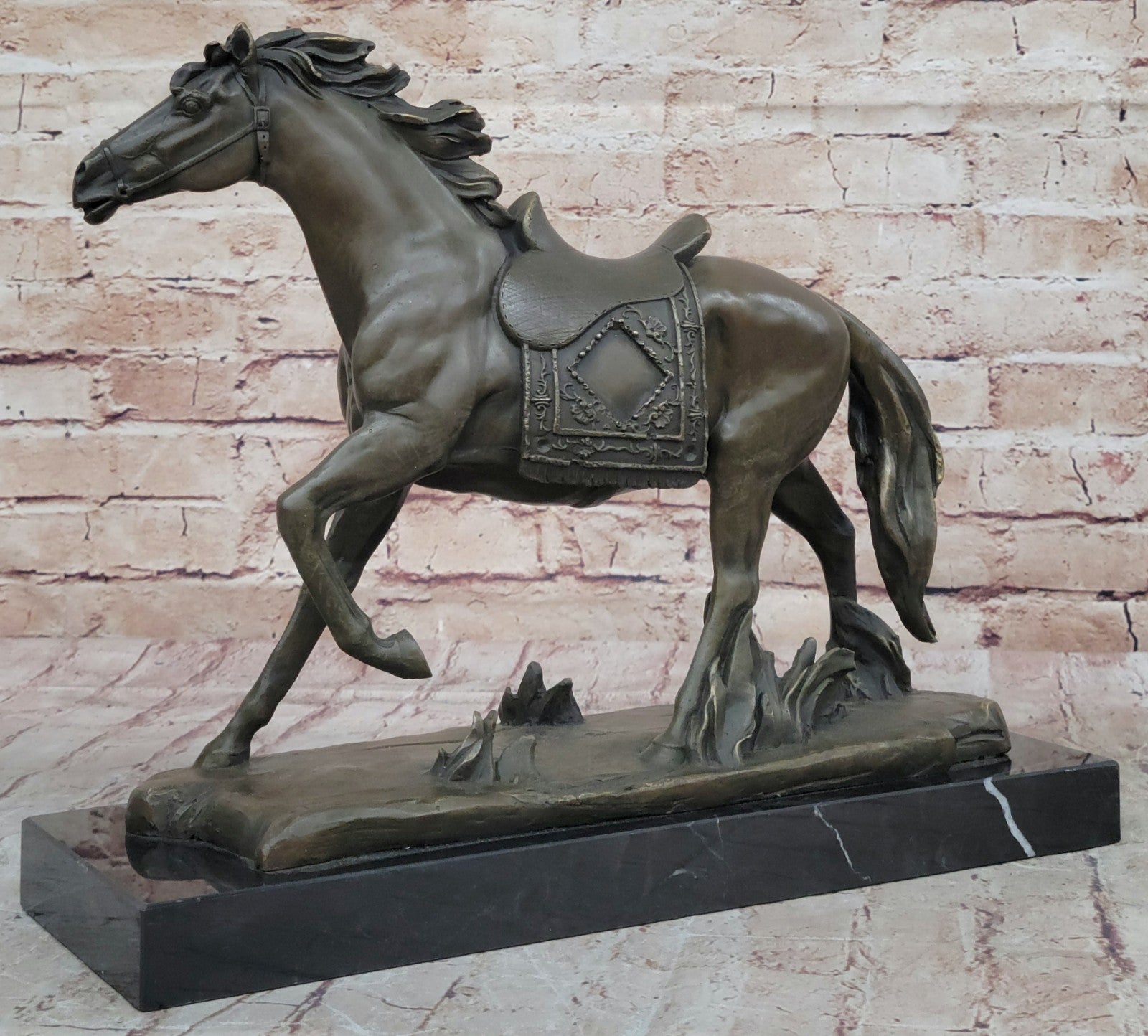 Large Galloping Stallion Bronze Sculpture on Marble Base Western Horse Art