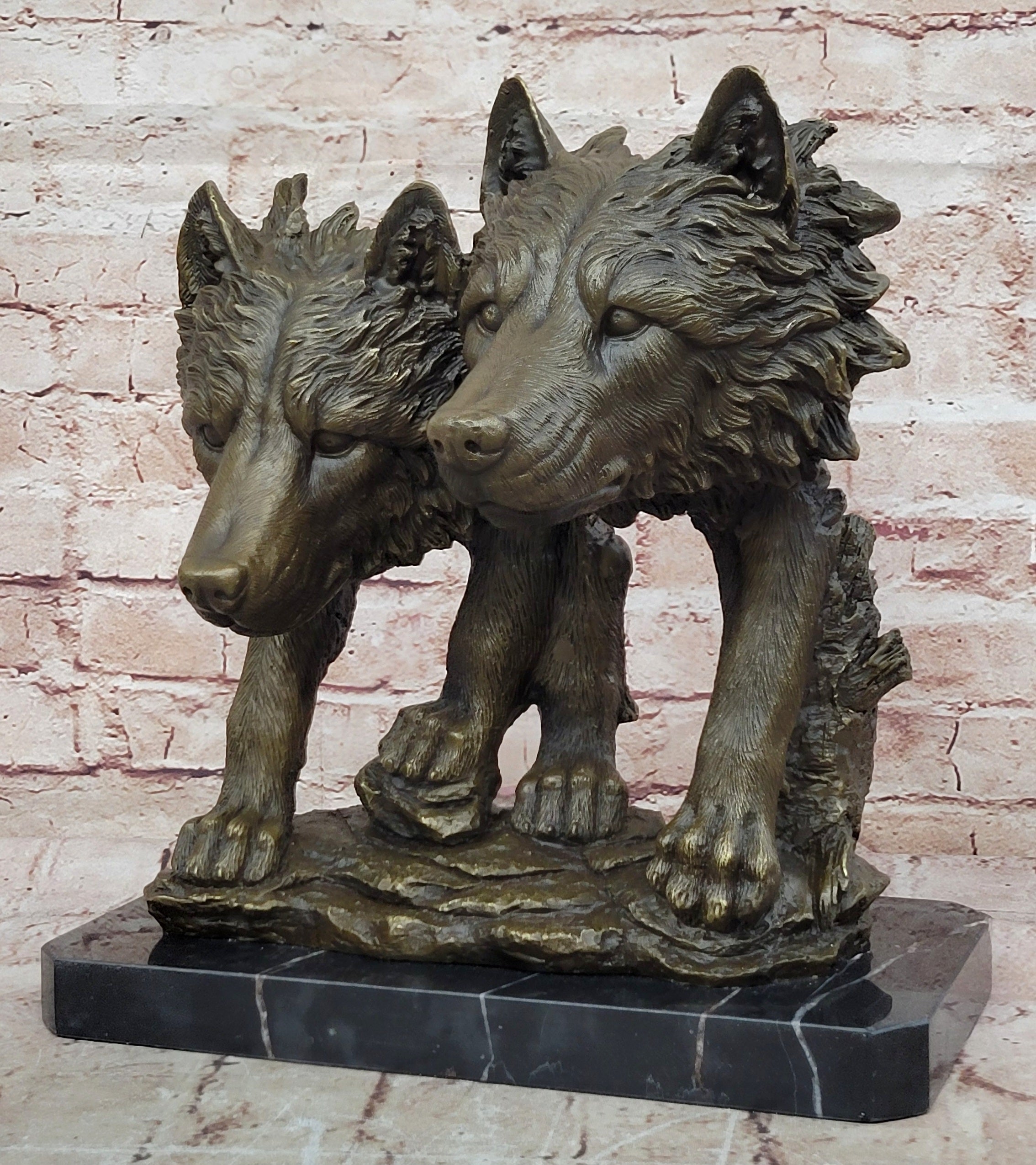Collectible Bronze Figurine: Two Wolf Wolves Head Bust by Williams Decor