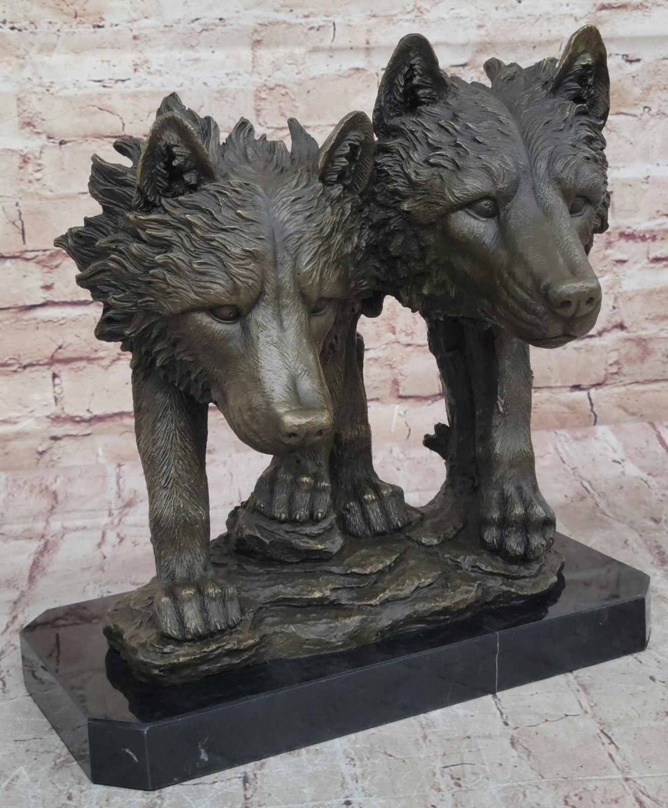 Collectible Bronze Figurine: Two Wolf Wolves Head Bust by Williams Decor