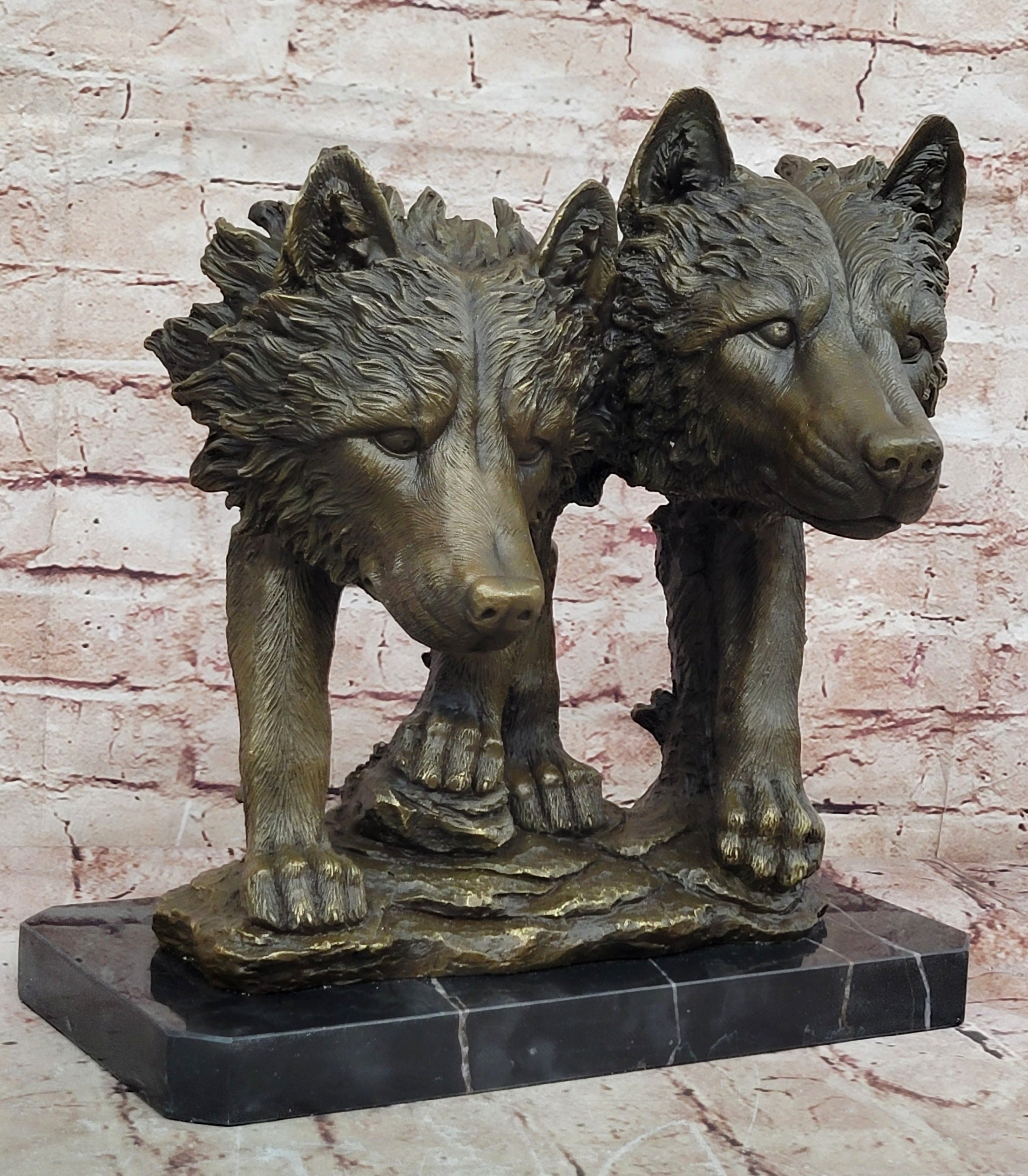 Collectible Bronze Figurine: Two Wolf Wolves Head Bust by Williams Decor