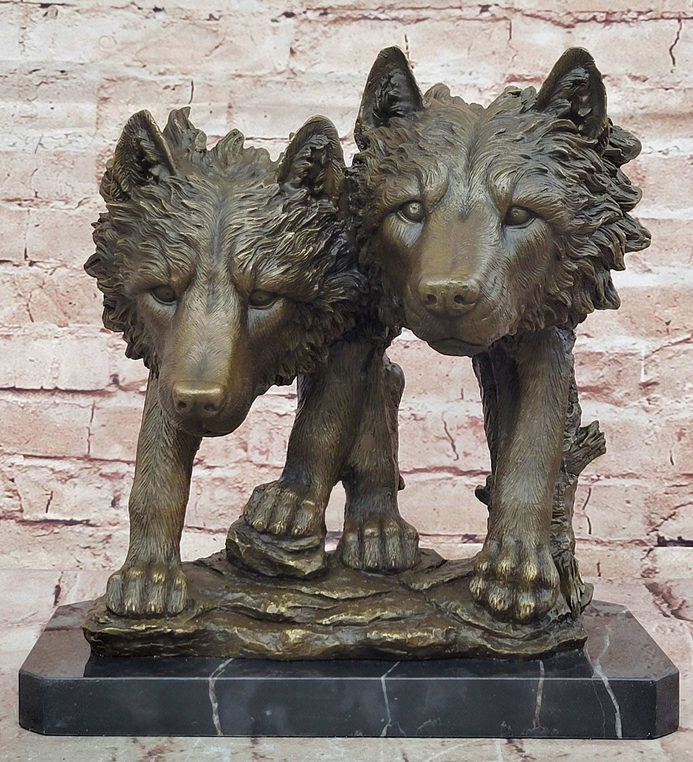 Collectible Bronze Figurine: Two Wolf Wolves Head Bust by Williams Decor