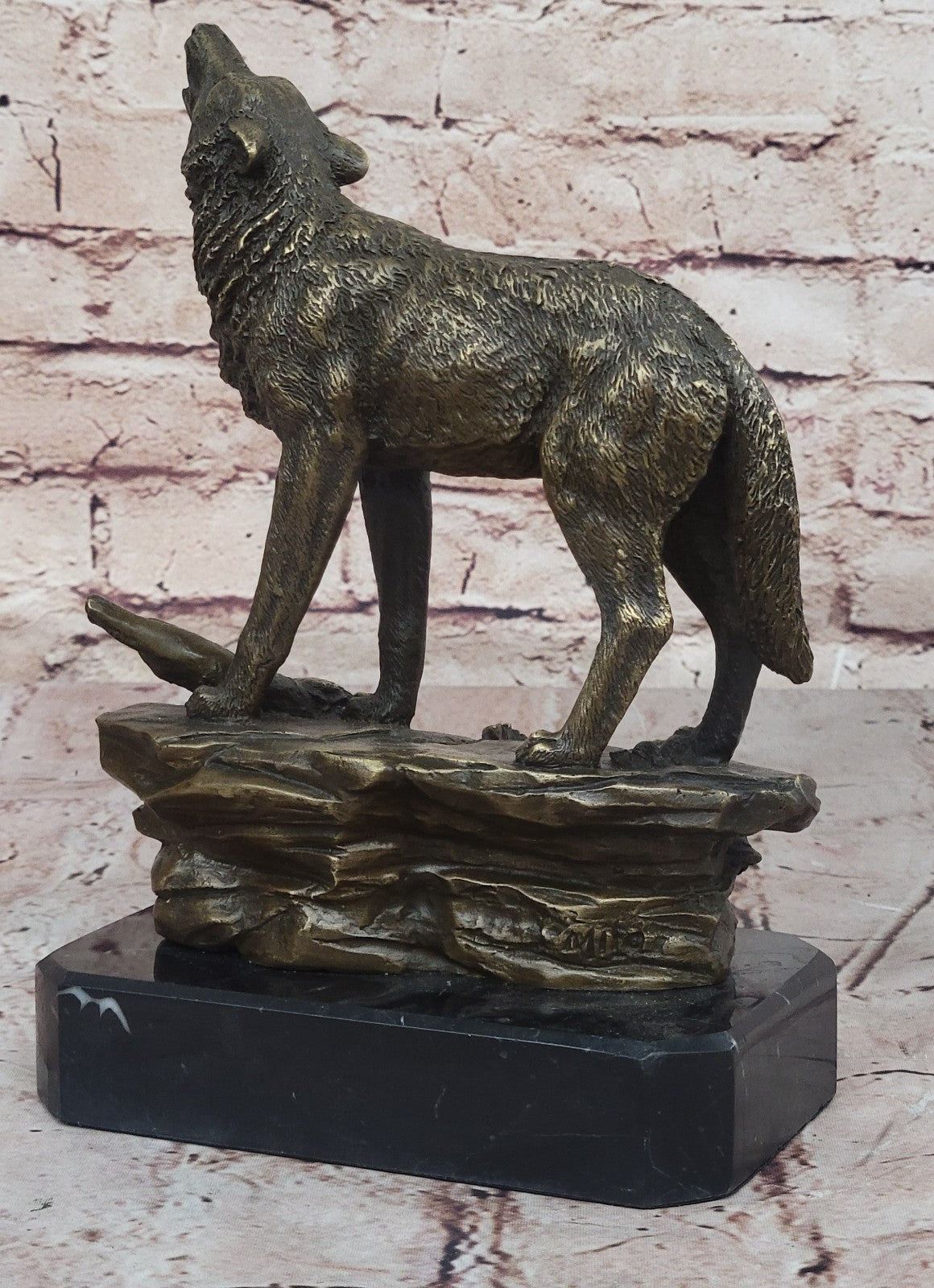 Vintage Patinated Bronze 7 LBS Figurine of a Wolf on Lookout Hot Cast Figurine