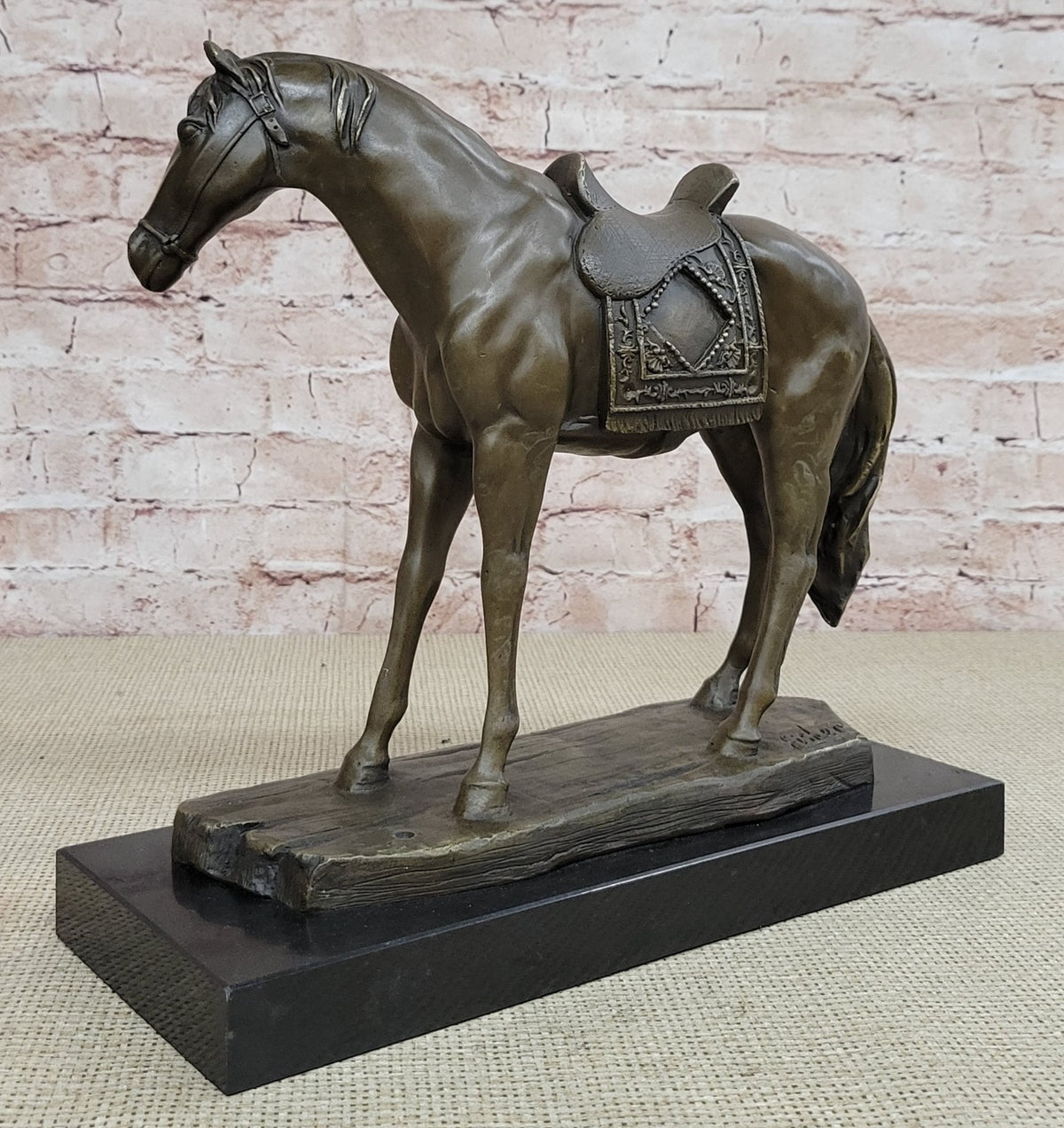Handcrafted Work Horse Farm Bronze Sculpture Marble Base Figurine Figure