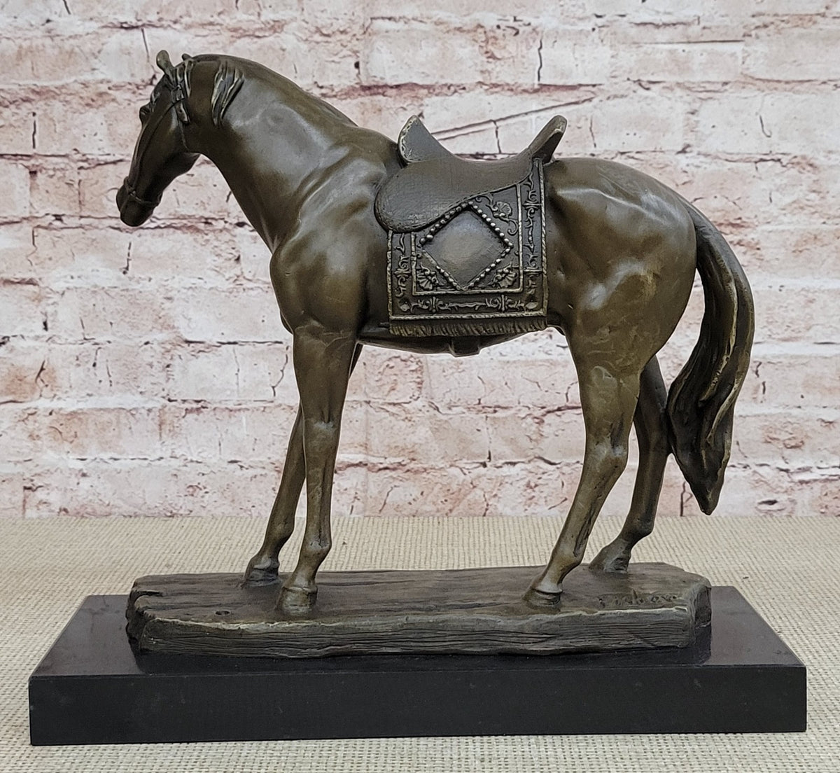 Handcrafted Work Horse Farm Bronze Sculpture Marble Base Figurine Figure