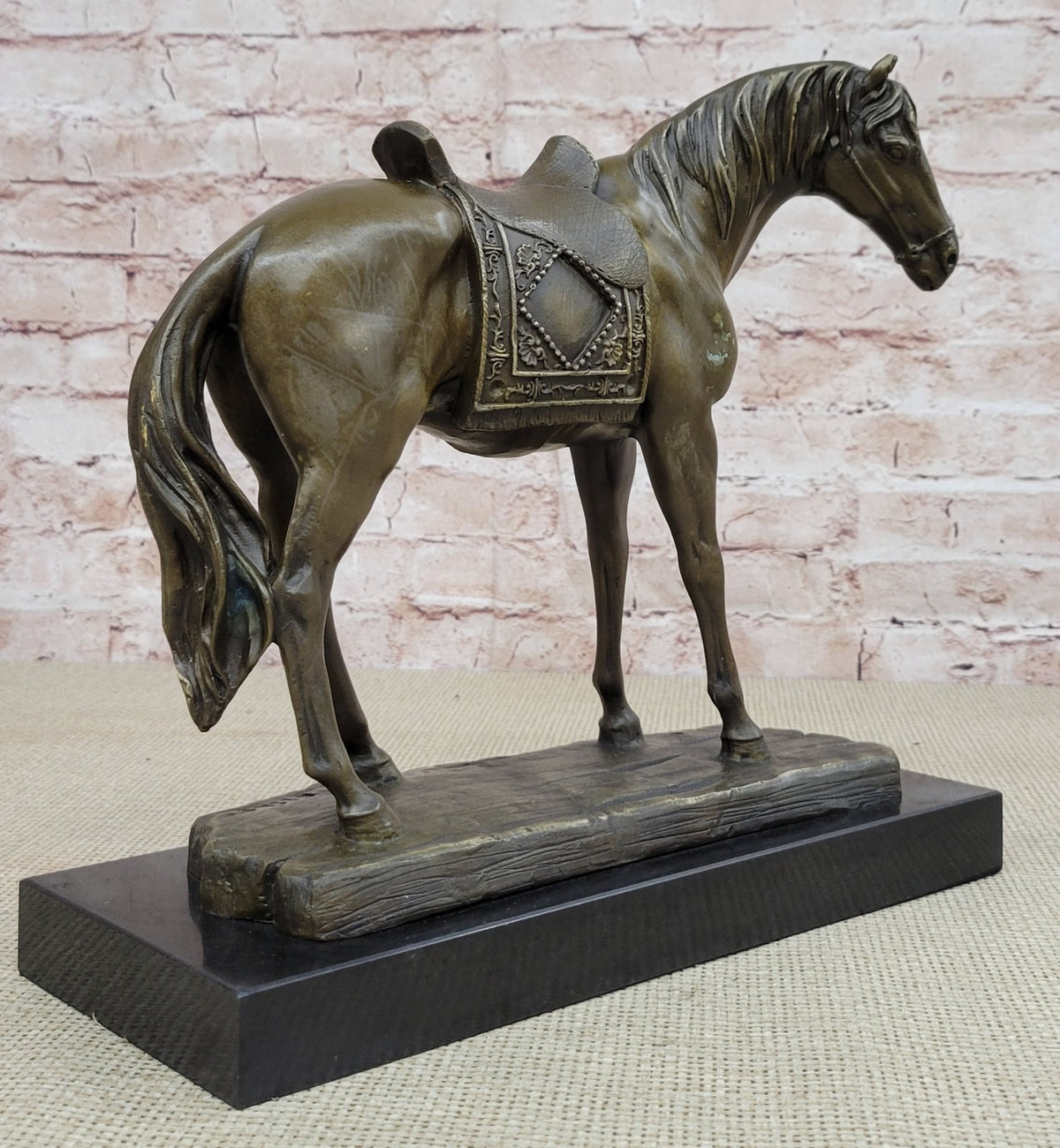 Handcrafted Work Horse Farm Bronze Sculpture Marble Base Figurine Figure