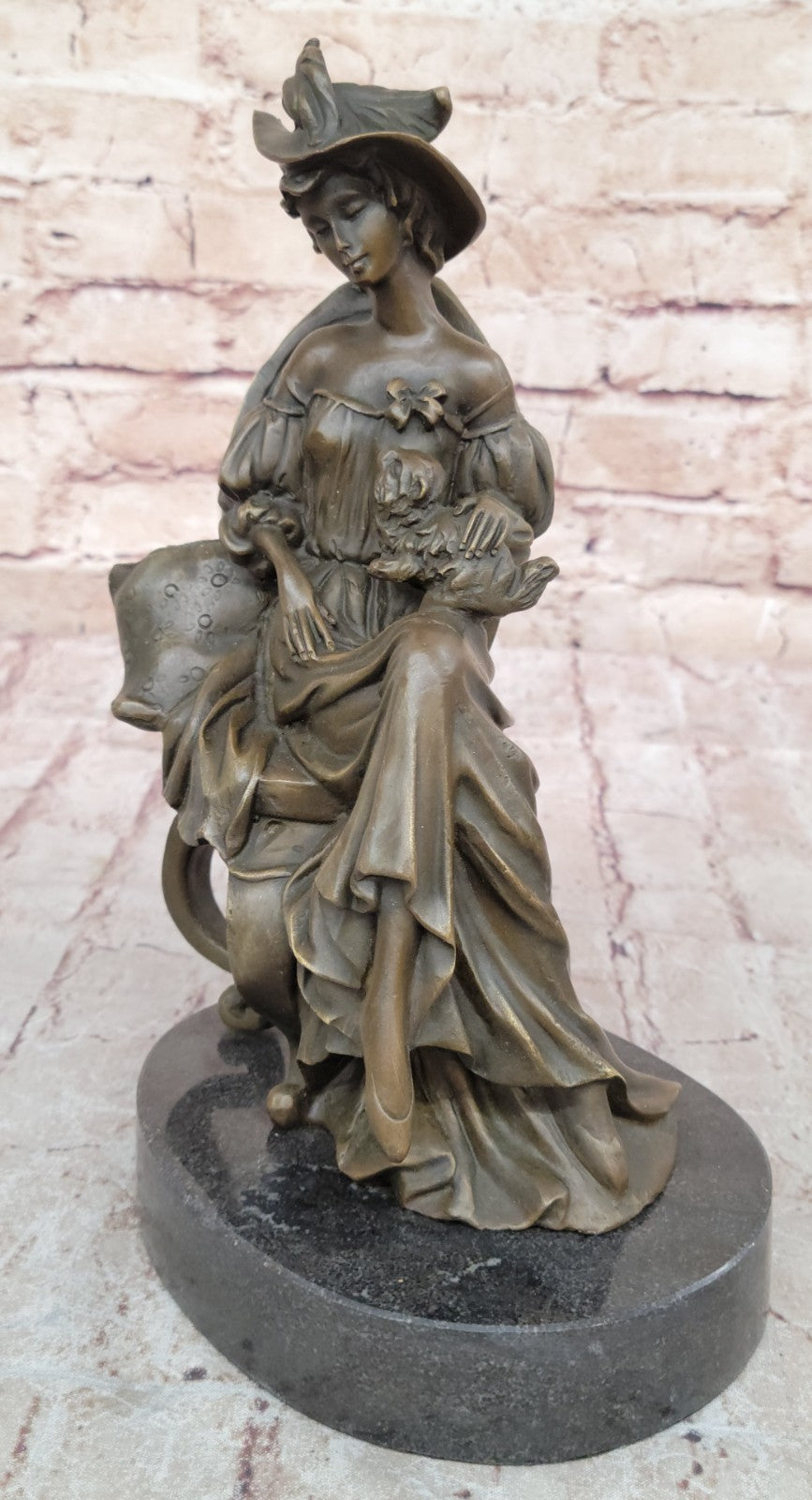 Art Deco Sculpture Victorian Lady Girl Woman Sitting With dog Bronze Statue Sale