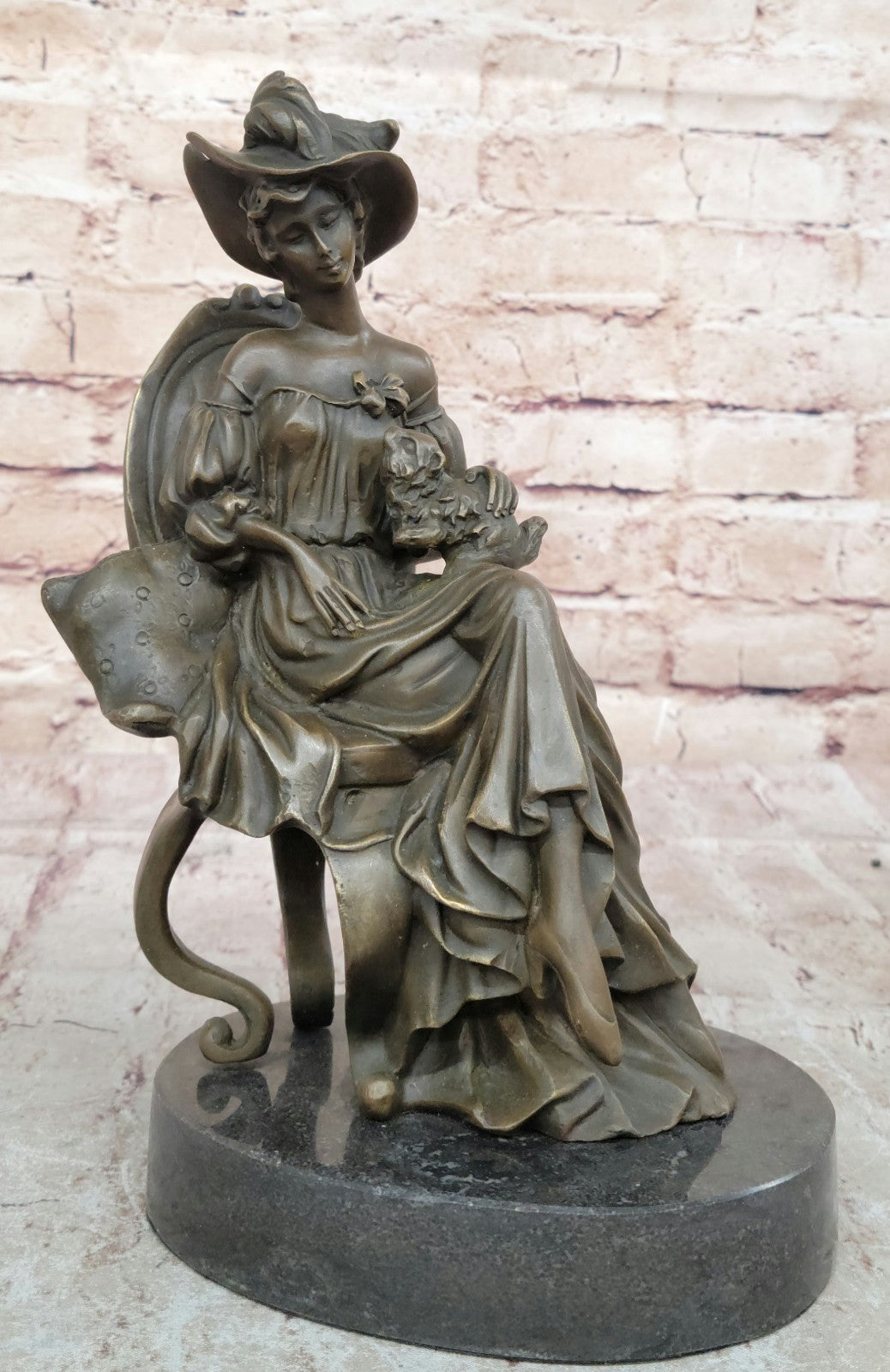 Art Deco Sculpture Victorian Lady Girl Woman Sitting With dog Bronze Statue Sale