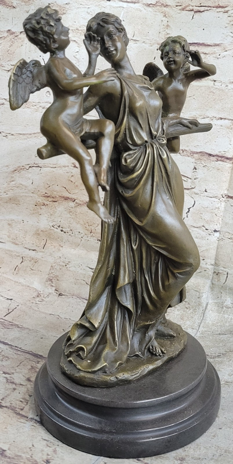 Elegant Female Nude Cherub Child Mother & Angel Bronze Marble Statue Art Decor