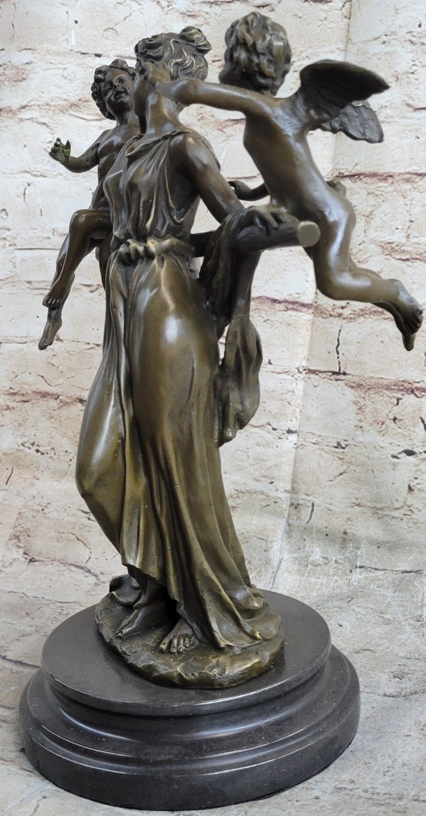 Elegant Female Nude Cherub Child Mother & Angel Bronze Marble Statue Art Decor