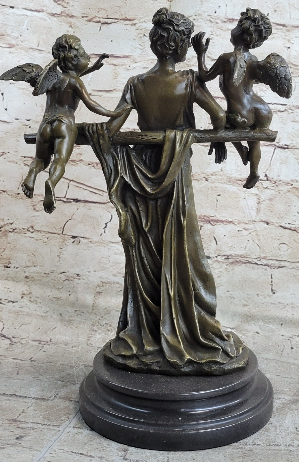 Elegant Female Nude Cherub Child Mother & Angel Bronze Marble Statue Art Decor