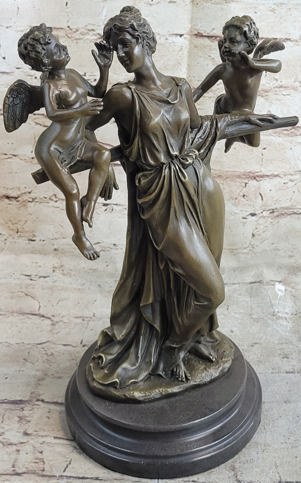 Elegant Female Nude Cherub Child Mother & Angel Bronze Marble Statue Art Decor
