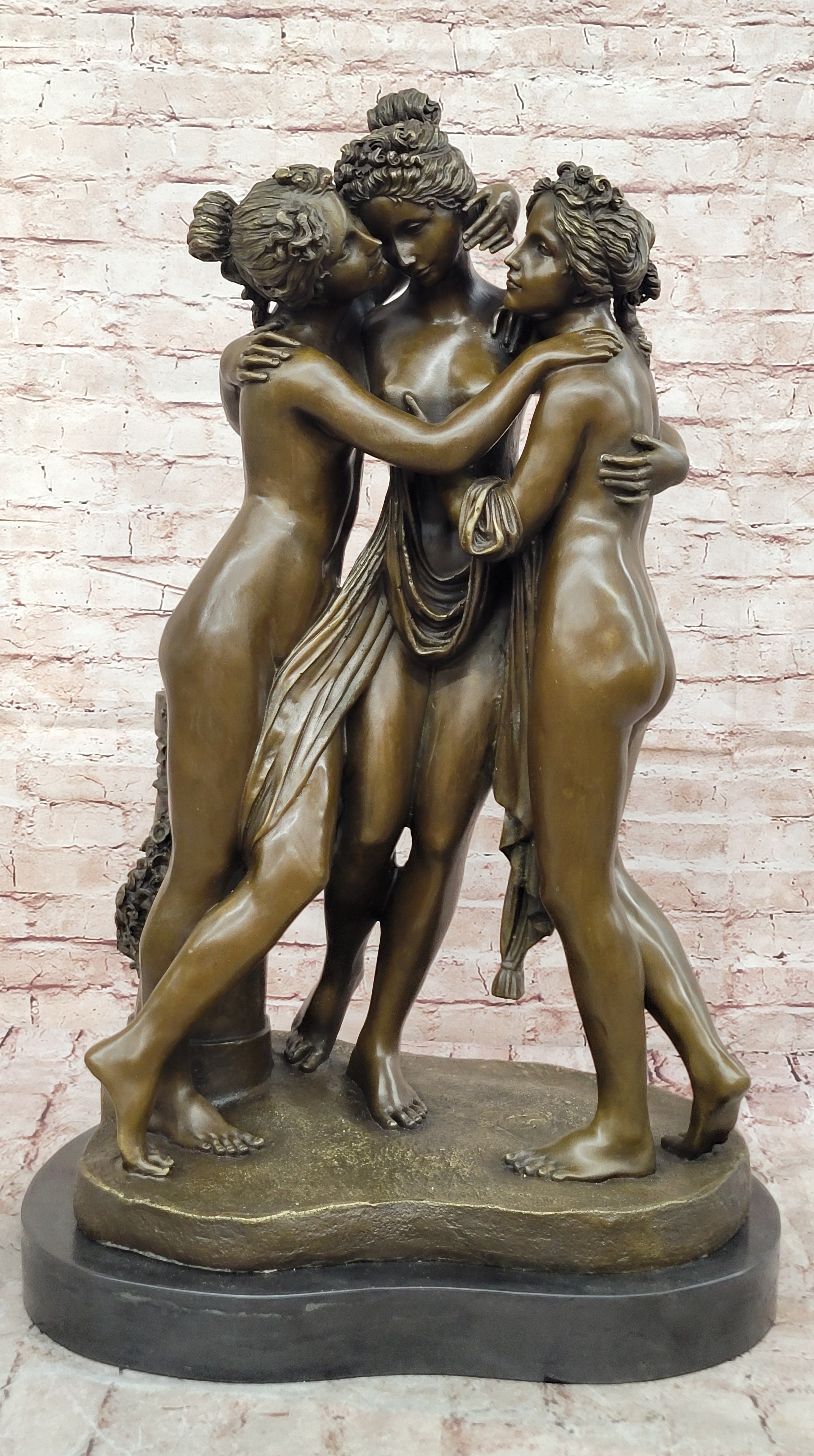 THREE GRACES / 100% SOLID BRONZE DARK PATINA NUDES STATUE SIGNED CLASSIC ARTWORK