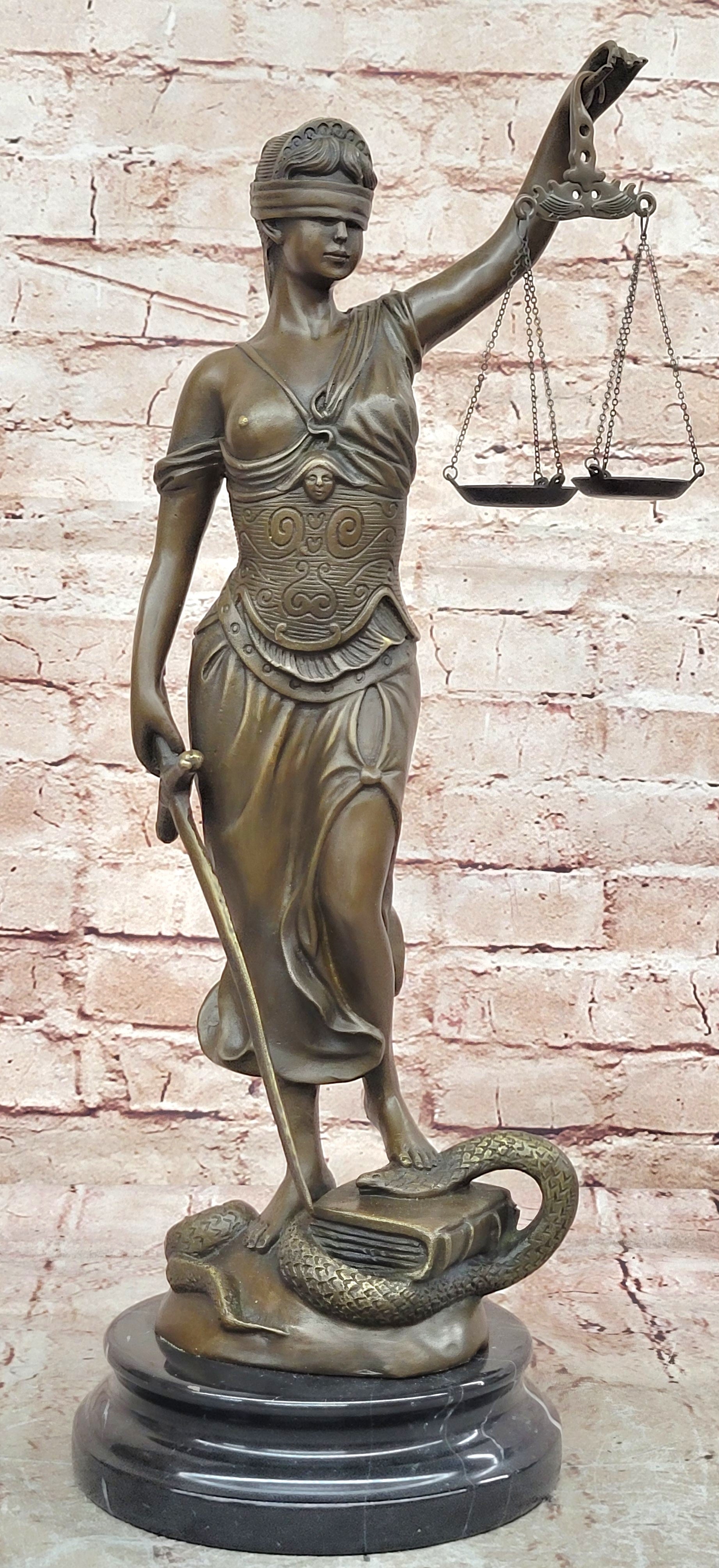 18" Tall BRONZE BLIND JUSTICE LAW MARBLE STATUE LADY SCALE Sculpture Nude