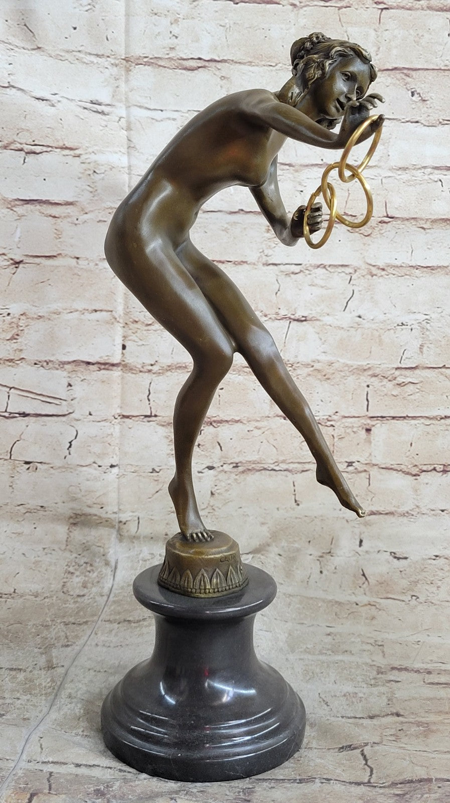 Nude Girl Bronze Statue – Erotic Athletic Sensual Classical Figure on Marble Base