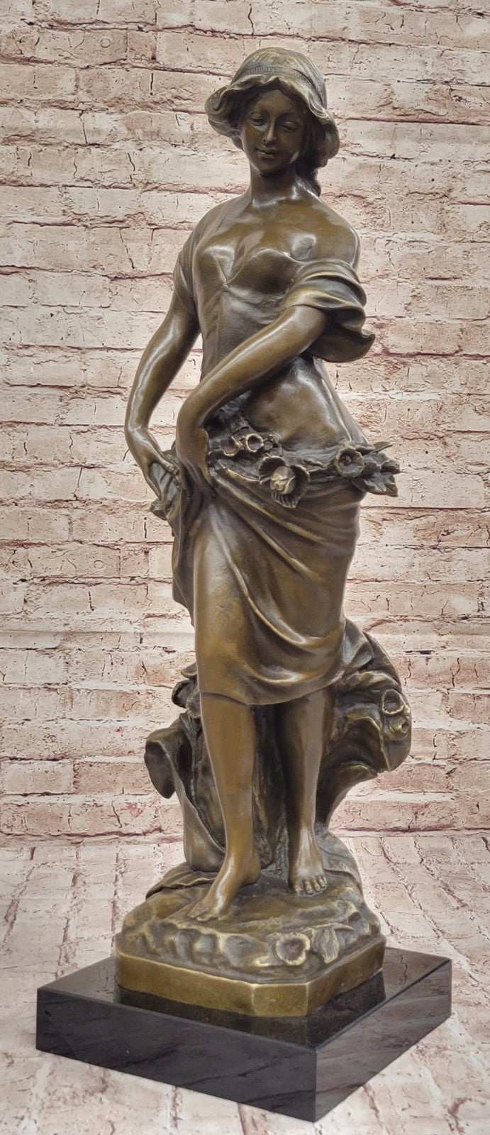 Rare Bronze Metal / Marble Statue Classic Victorian Woman Girl Flower Sculpture