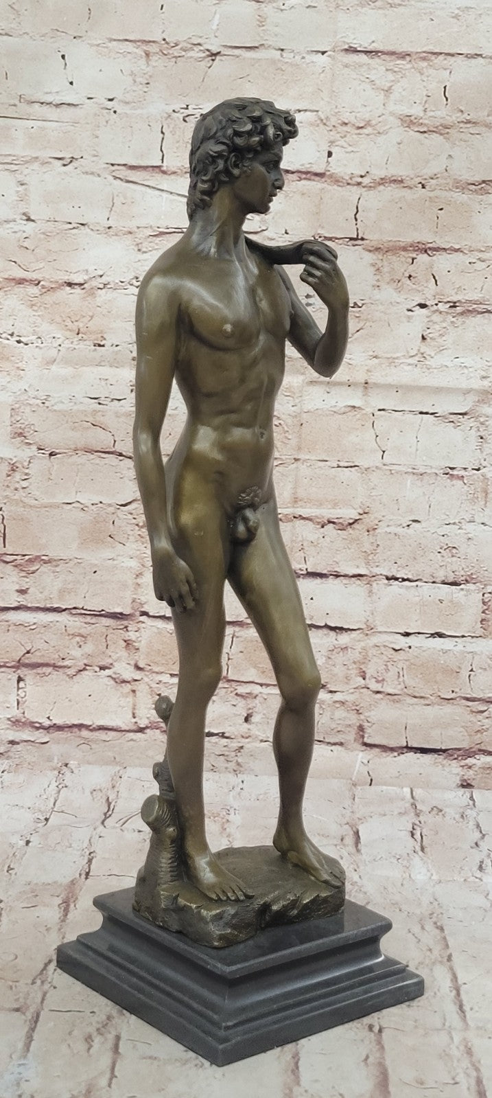 SIGNED BRONZE STATUE NUDE DAVID MYTHOLOGY SCULPTURE ON MARBLE BASE