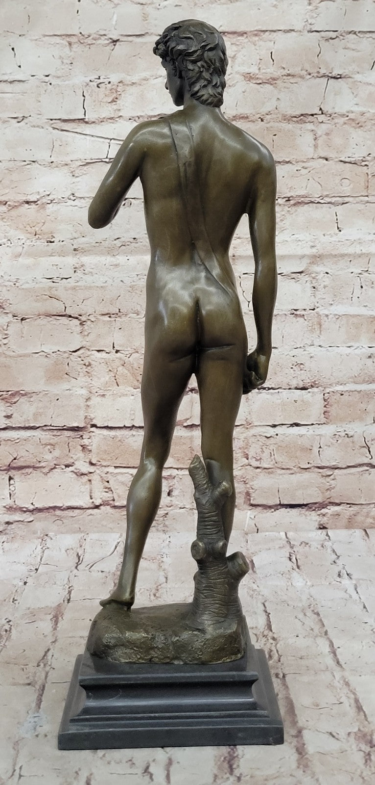SIGNED BRONZE STATUE NUDE DAVID MYTHOLOGY SCULPTURE ON MARBLE BASE