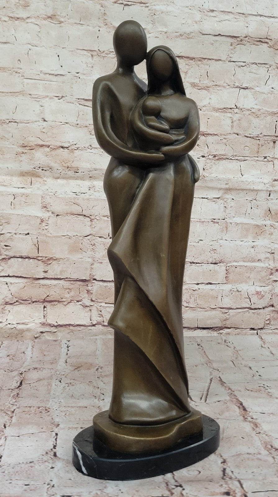 Bronze Sculpture Modern Art Signed Original Male And Female Holding Baby Figurin