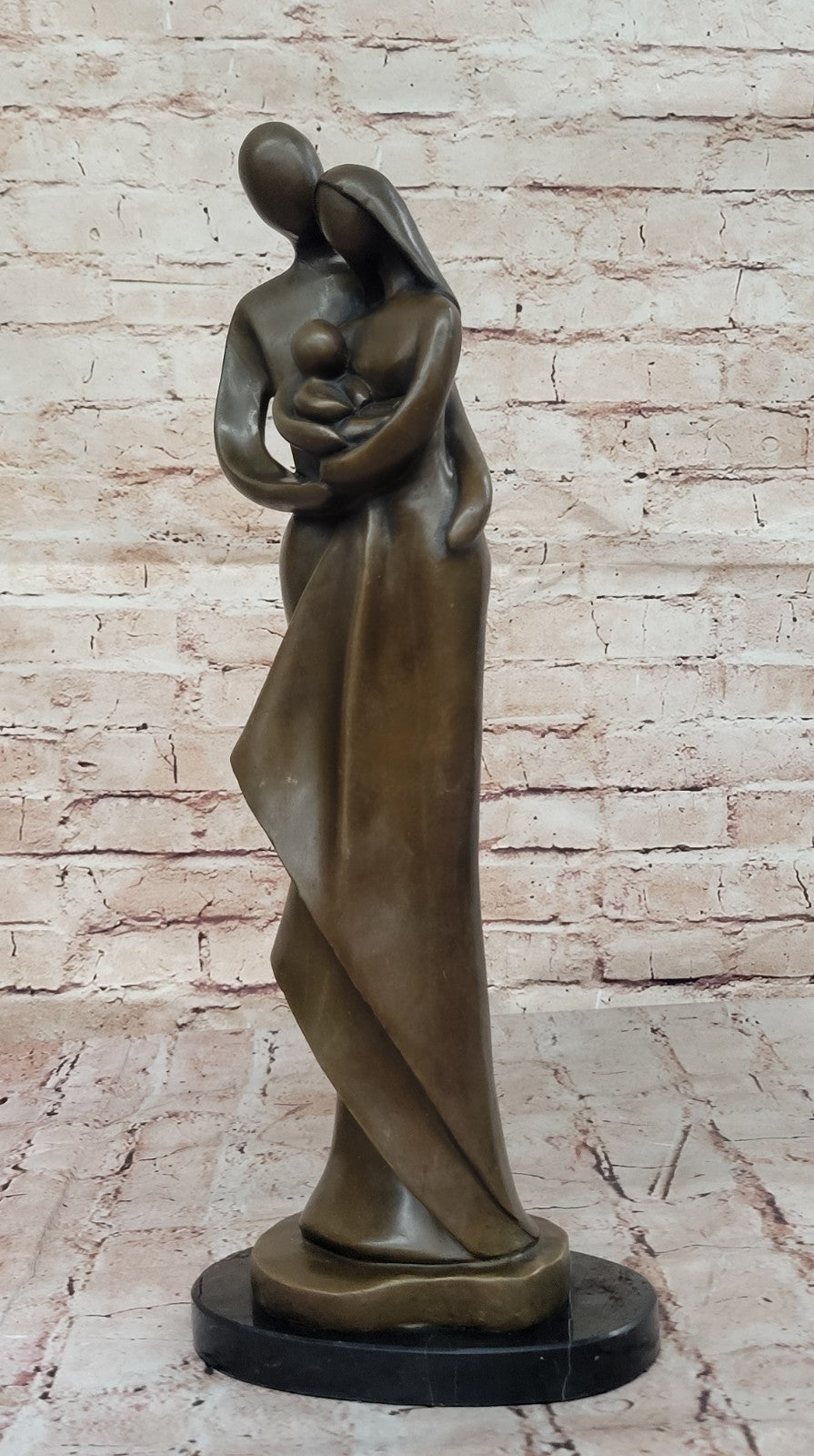Bronze Sculpture Modern Art Signed Original Male And Female Holding Baby Figurin