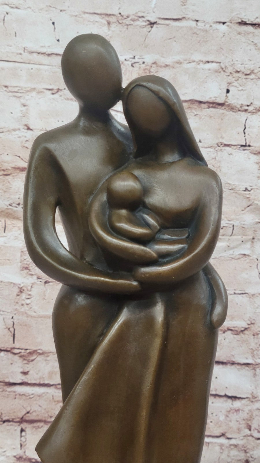 Bronze Sculpture Modern Art Signed Original Male And Female Holding Baby Figurin