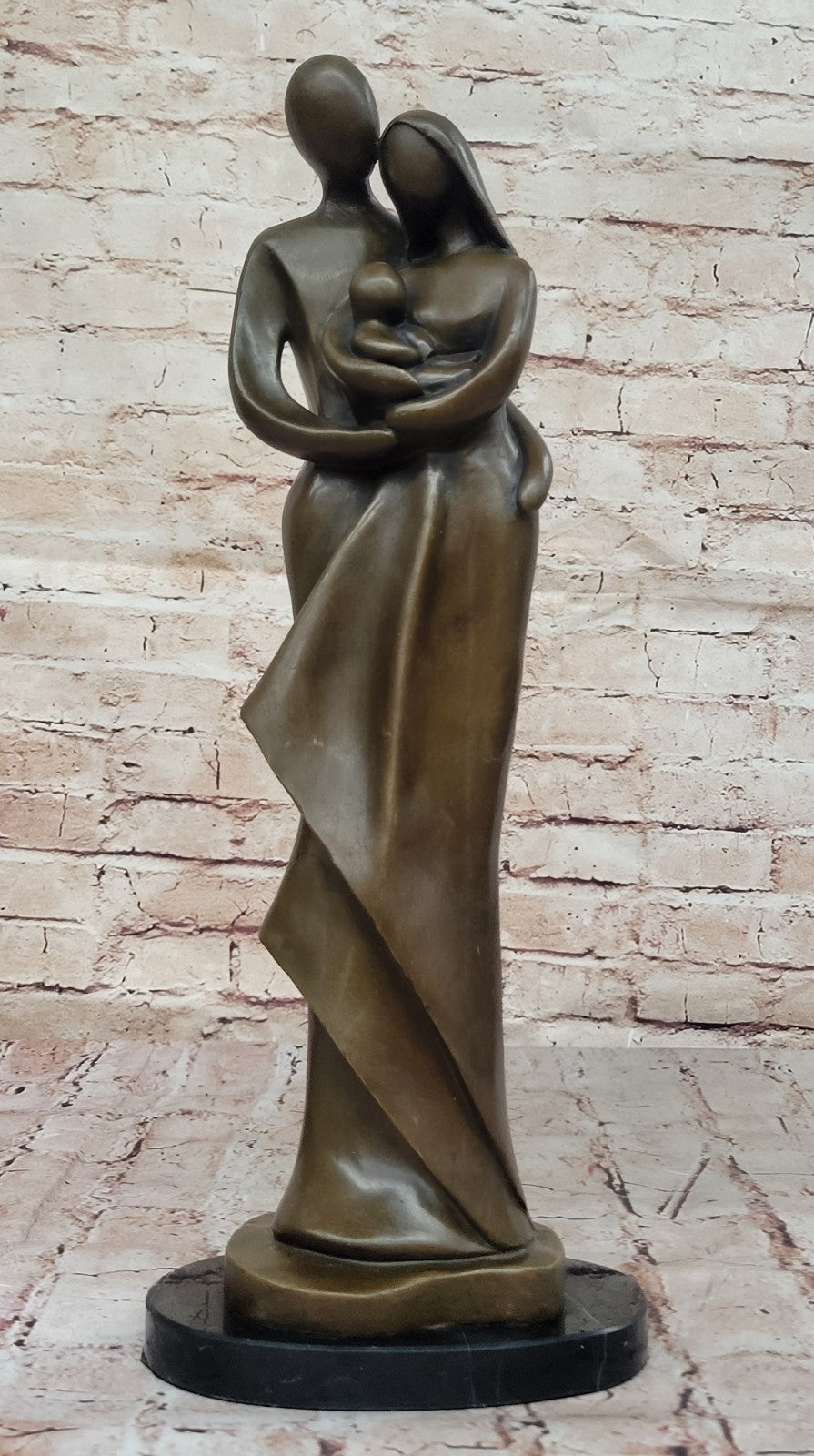 Bronze Sculpture Modern Art Signed Original Male And Female Holding Baby Figurin