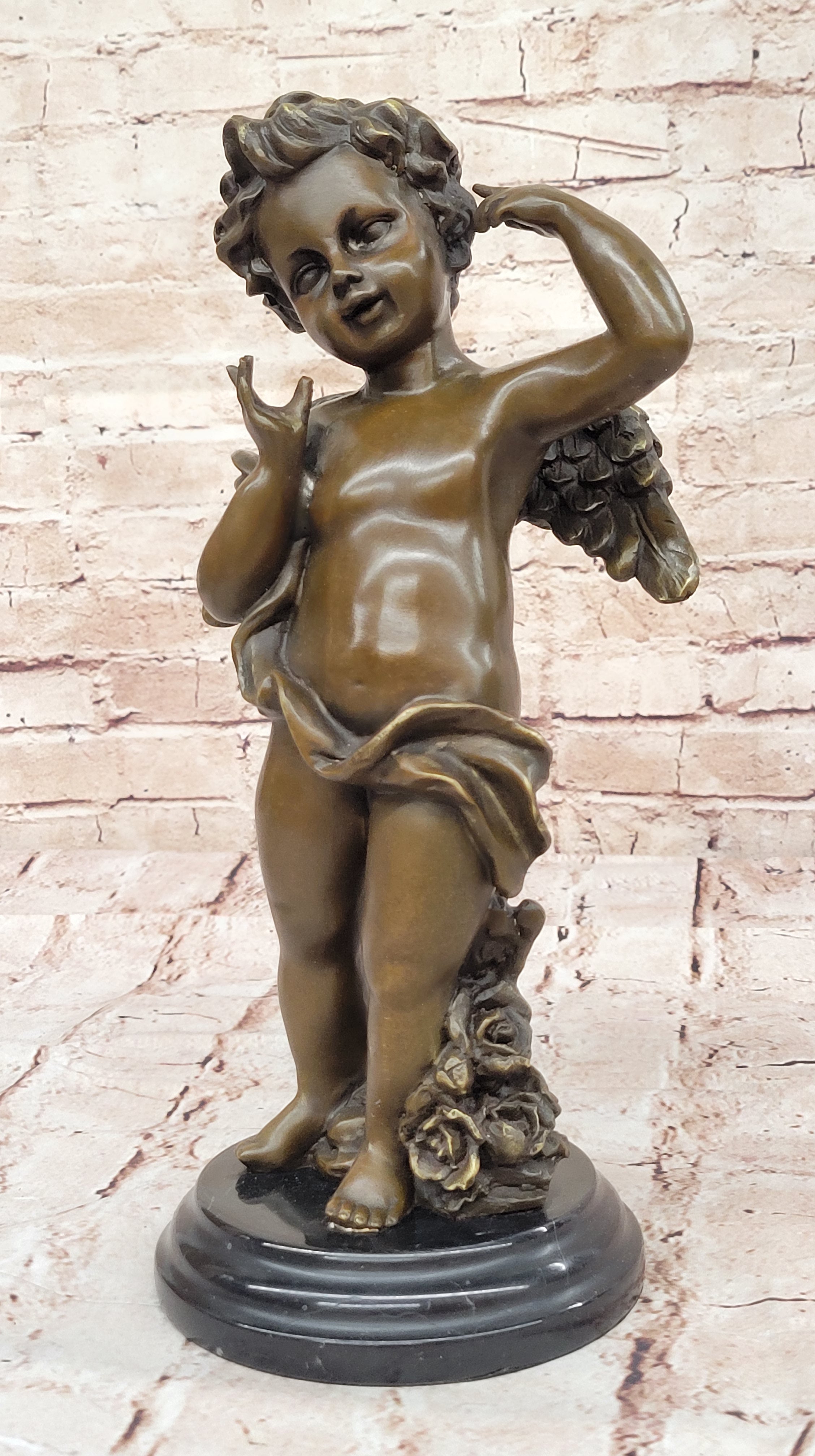 Rare Bronze Cupid Cherub Signed Statue Marble Base Eros Moreau Fast Shipping !!