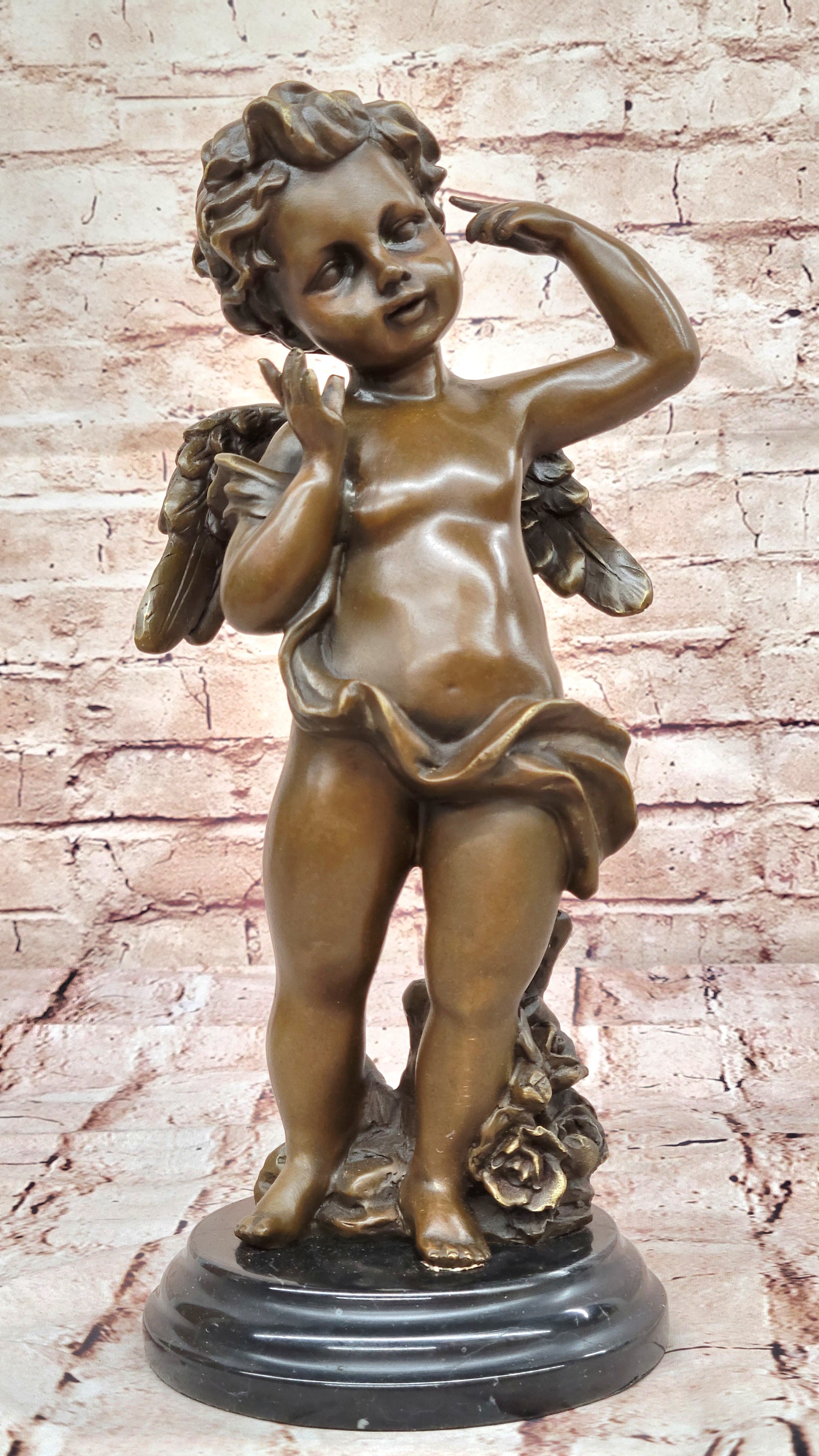 Rare Bronze Cupid Cherub Signed Statue Marble Base Eros Moreau Fast Shipping !!