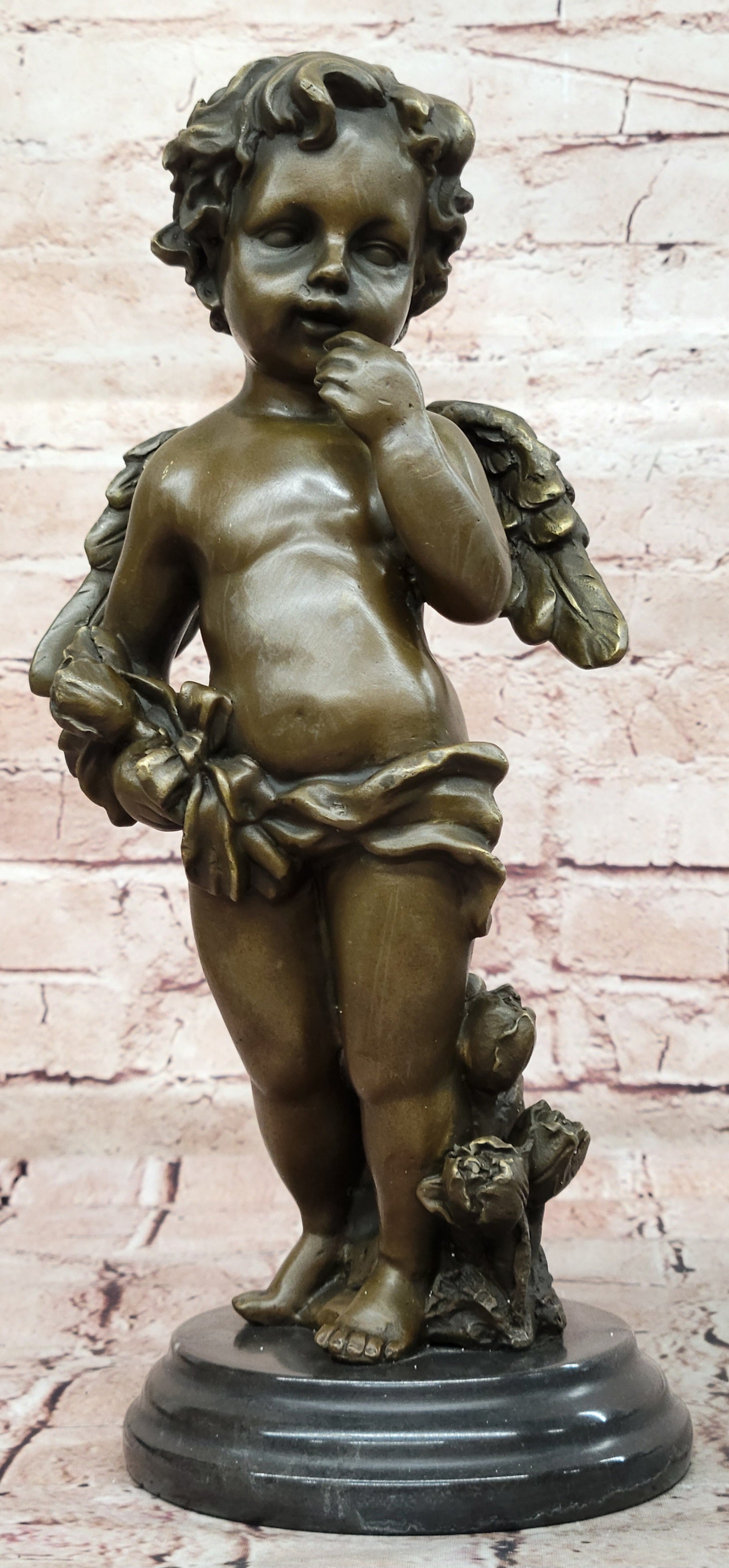 French Putti Cherub Gilt Bronze with Wings/Gift Nouveau Lost Wax Figurine Figure