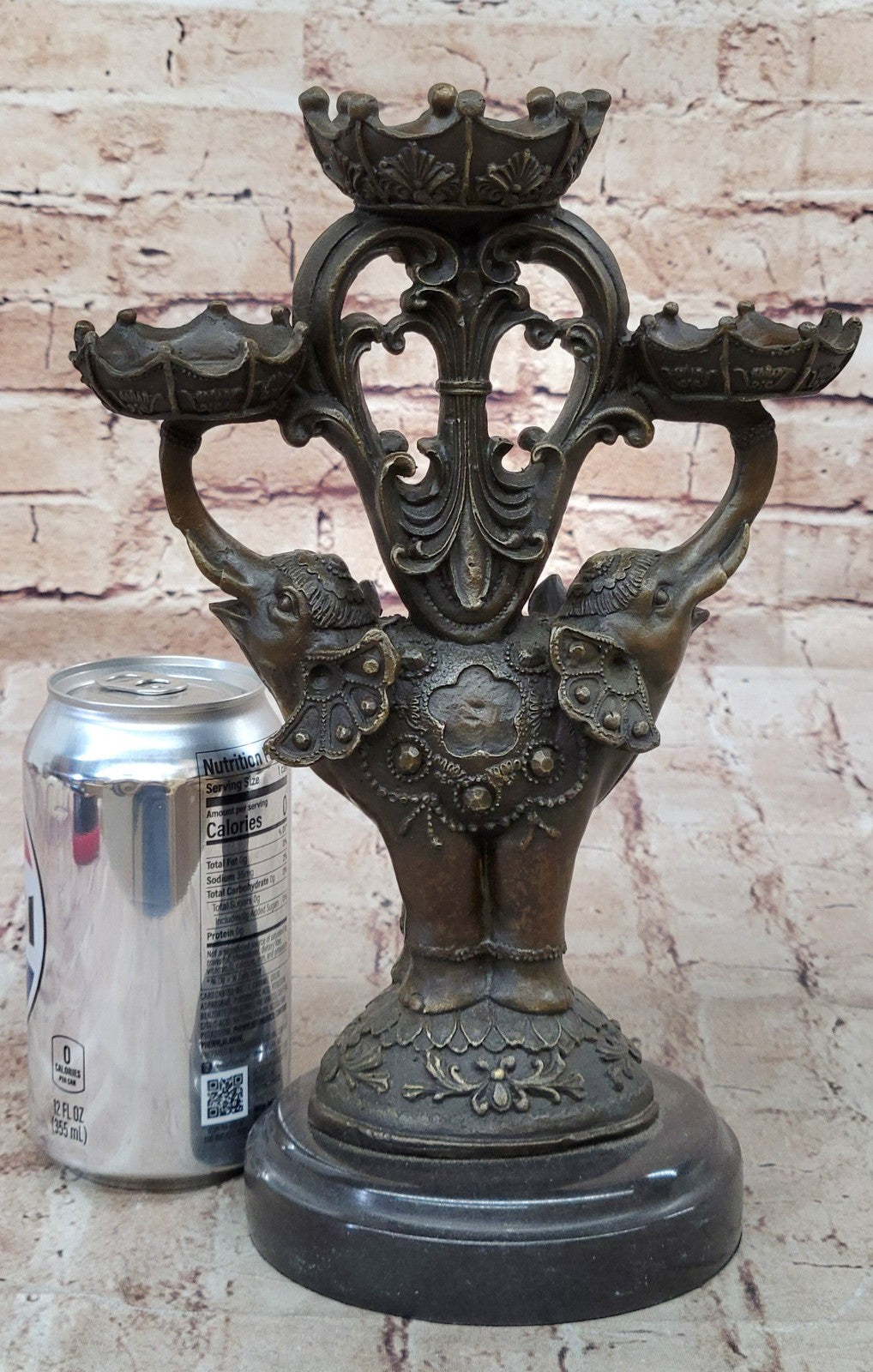 Two Headed Elephant Candle Holder Bronze Sculpture Marble Statue Figurine Figure